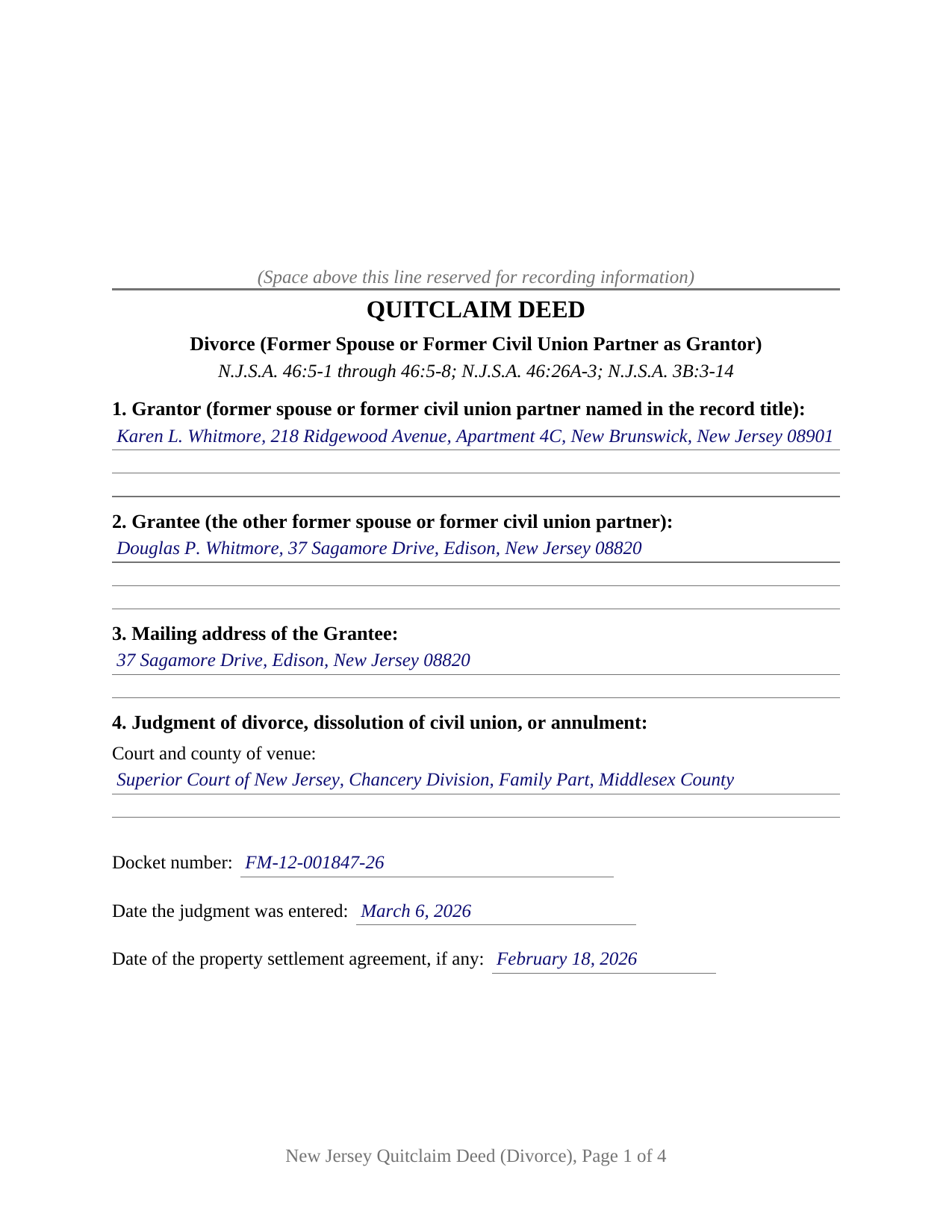 Cumberland County Completed Example of the Quitclaim Deed (Divorce) Document