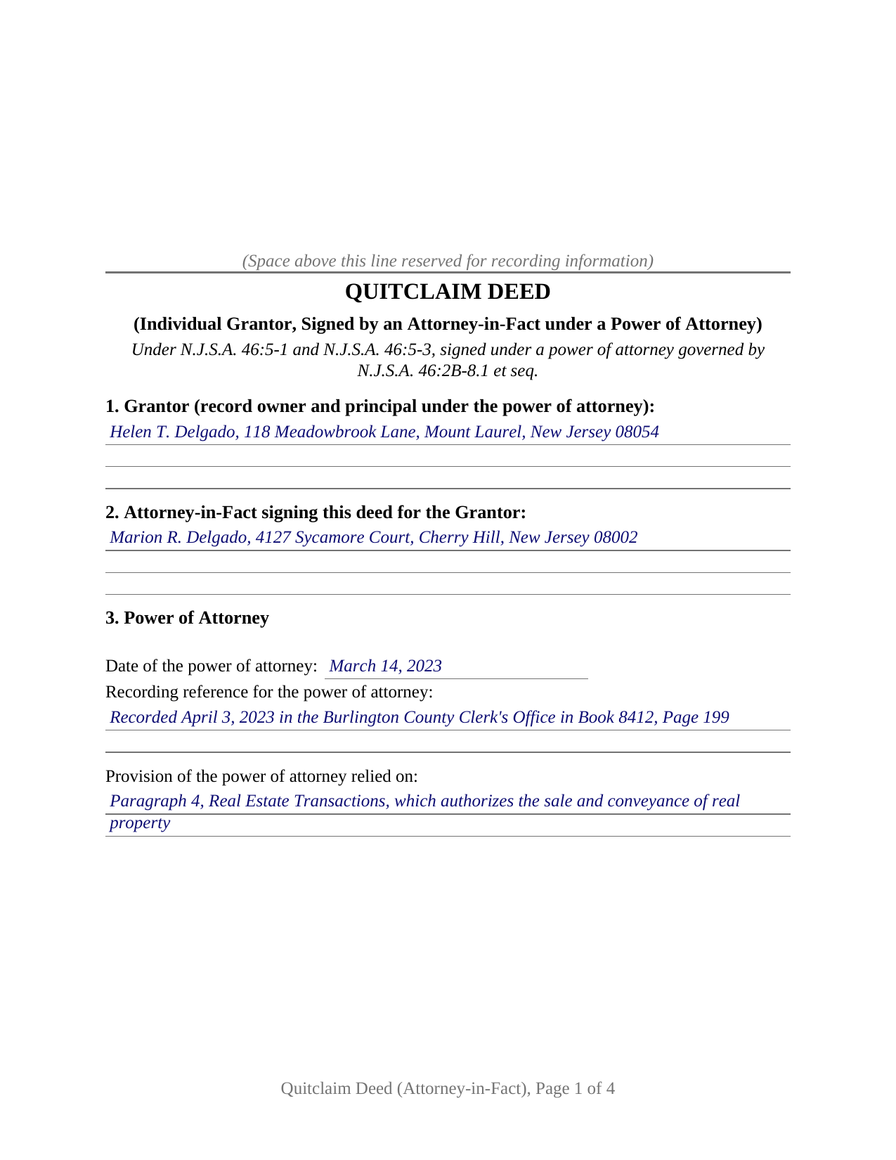 Somerset County Completed Example of the Quitclaim Deed (Individual Grantor by Attorney-in-Fact) Document