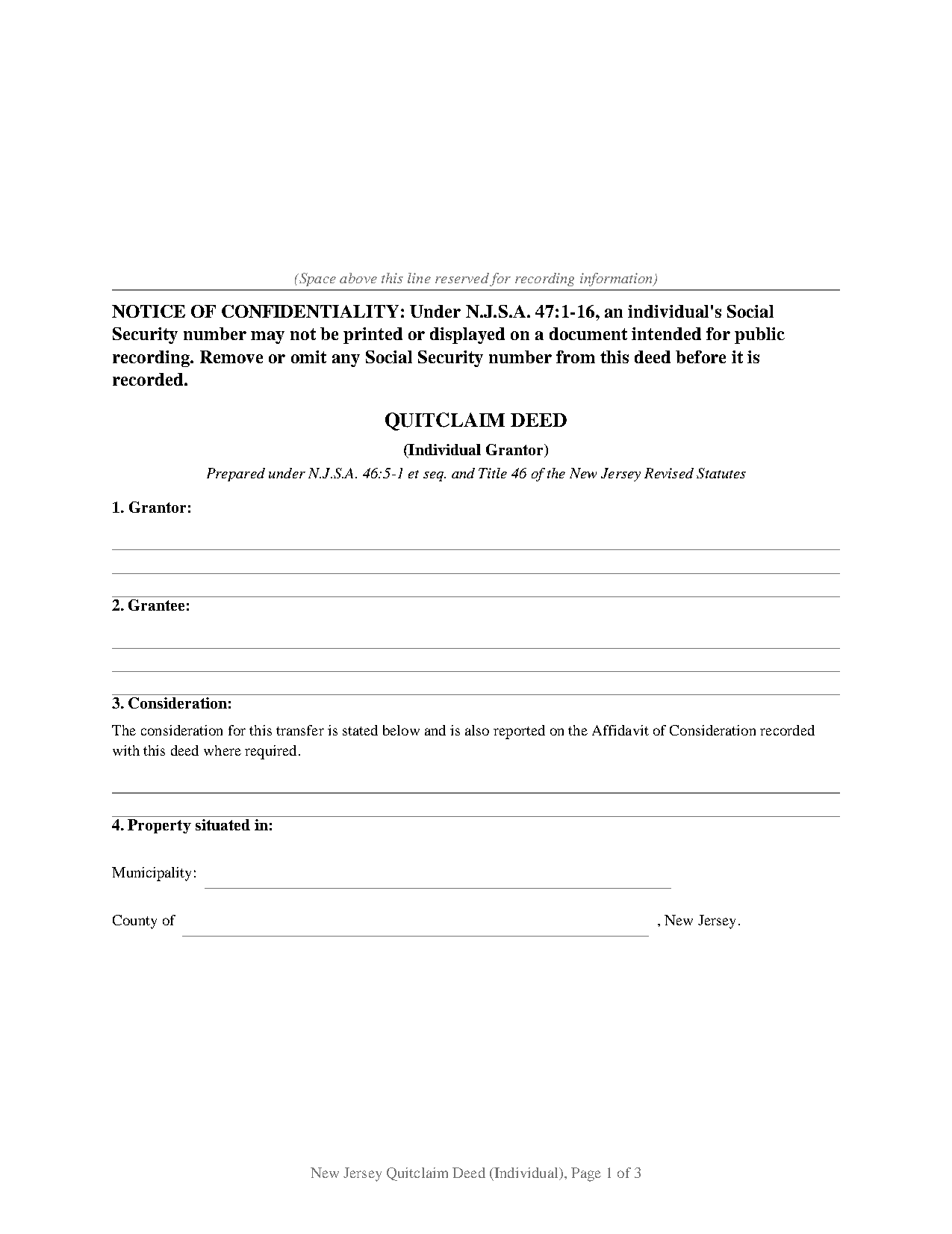 Hudson County Quitclaim Deed (Individual) Form
