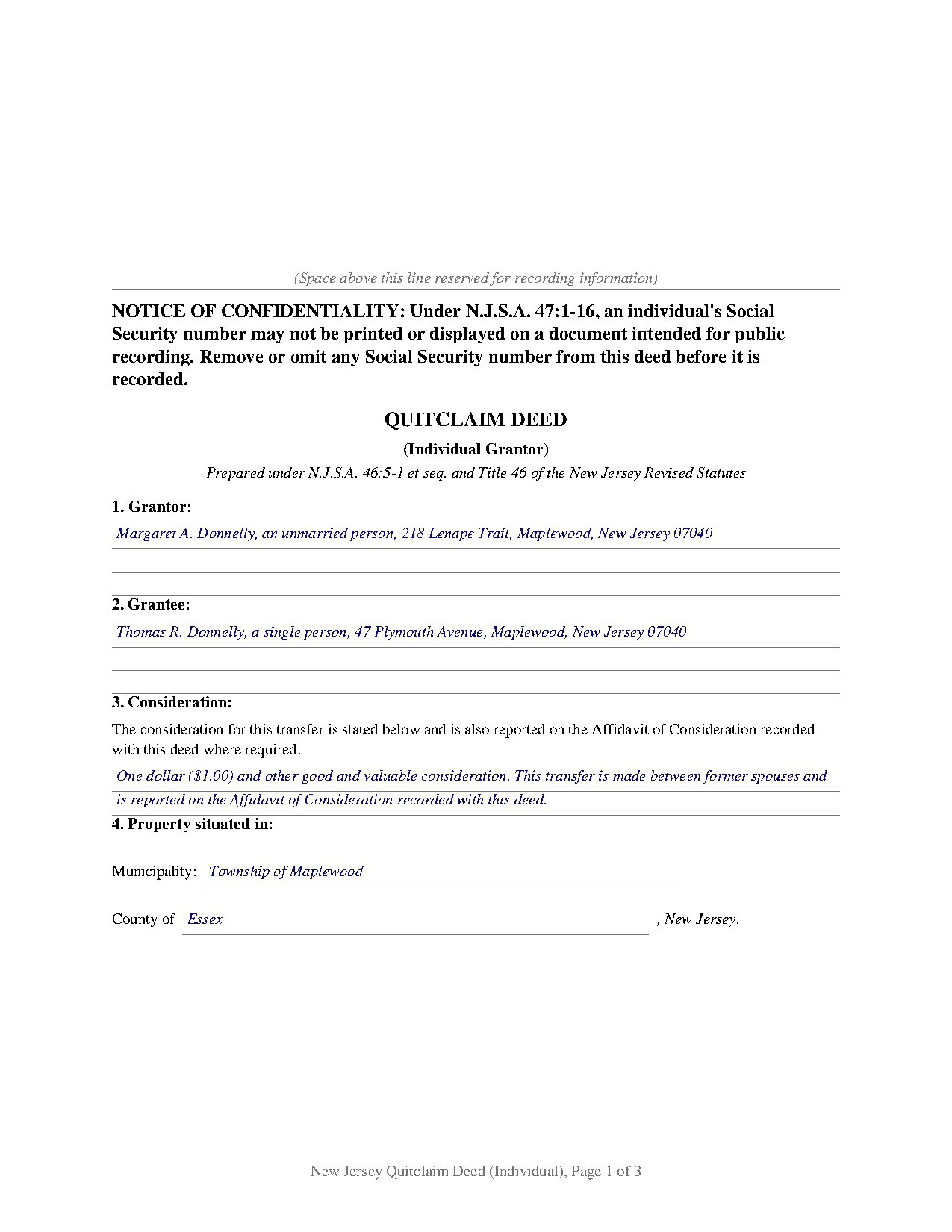 Hudson County Completed Example of the Quitclaim Deed (Individual) Document