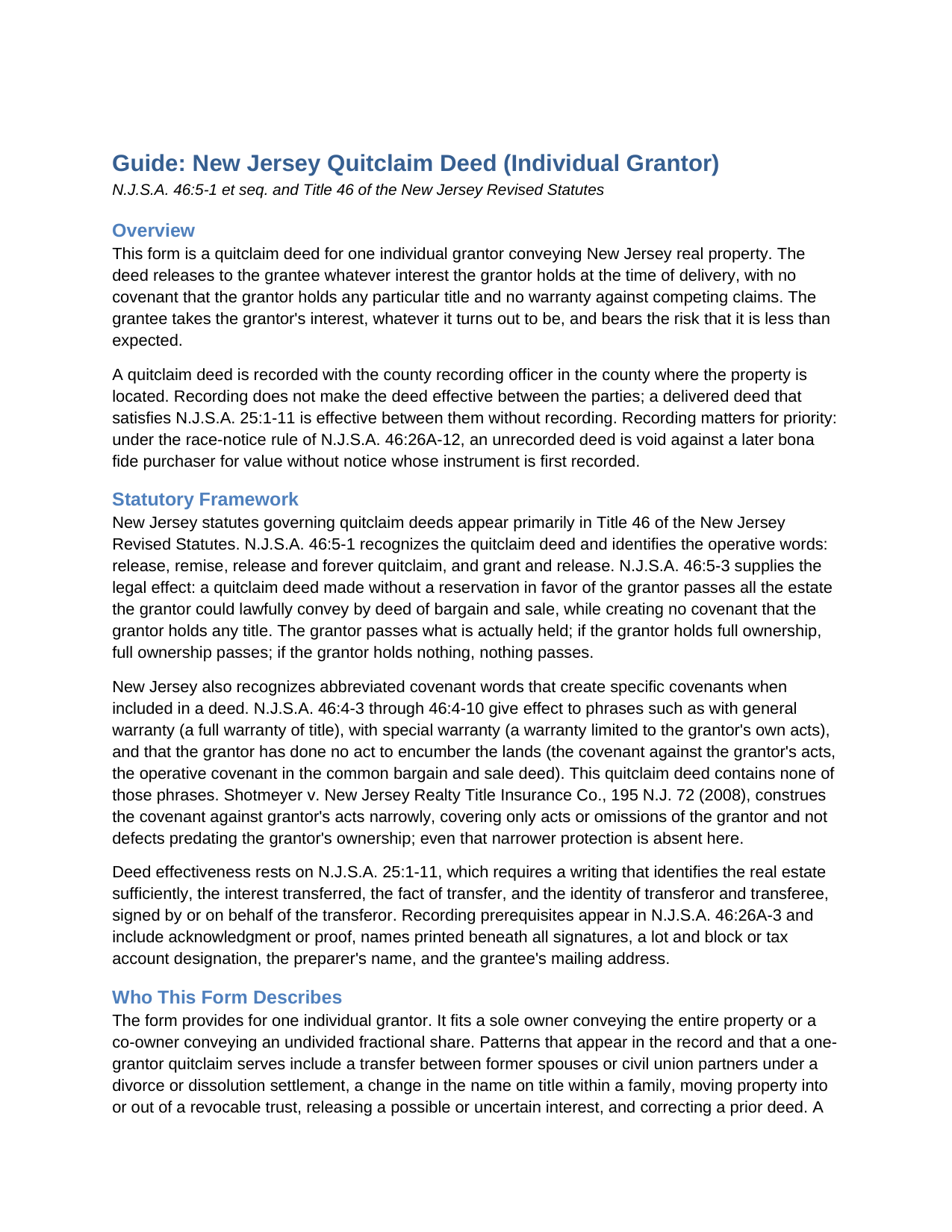 Passaic County Quitclaim Deed (Individual) Guide