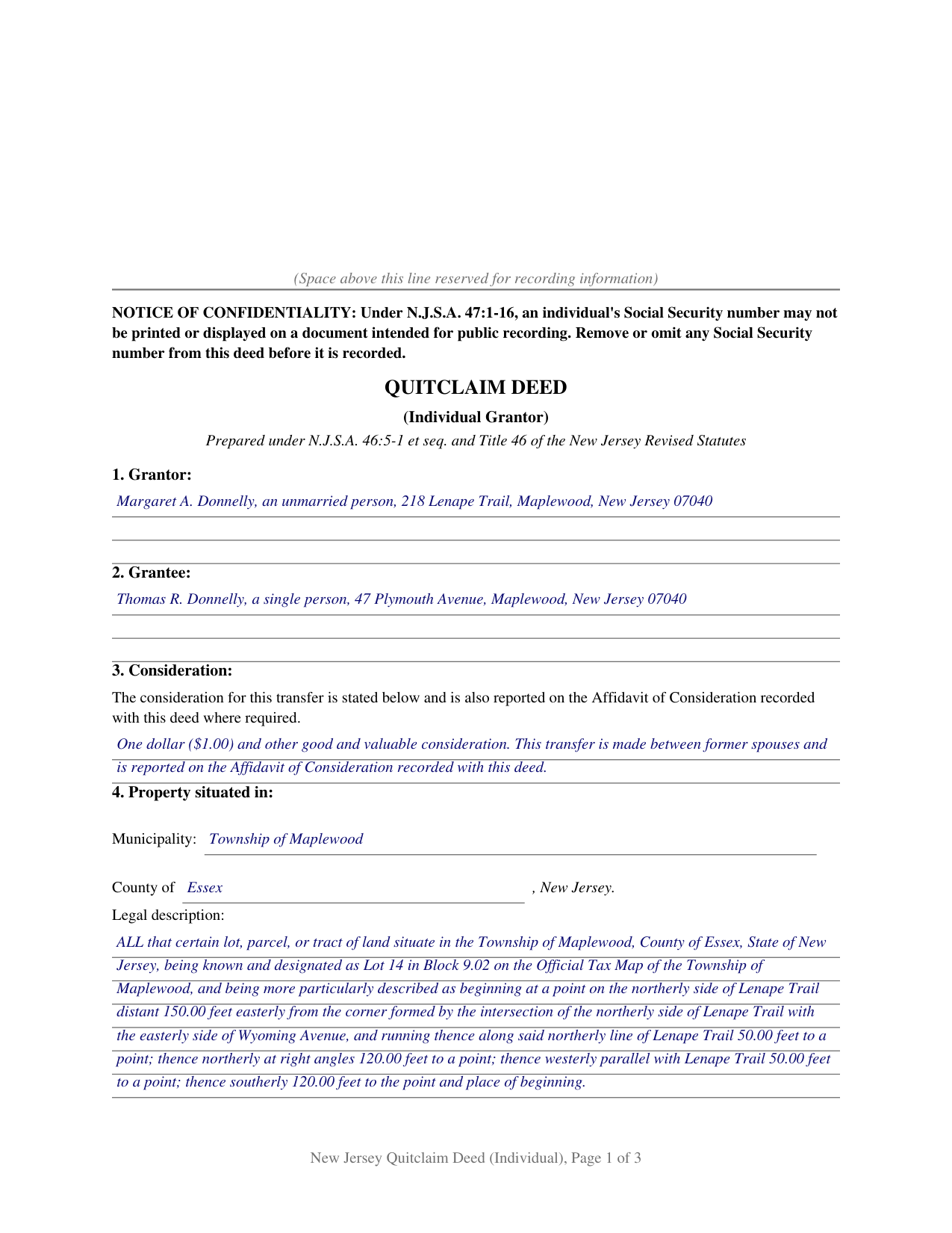 Passaic County Completed Example of the Quitclaim Deed (Individual) Document