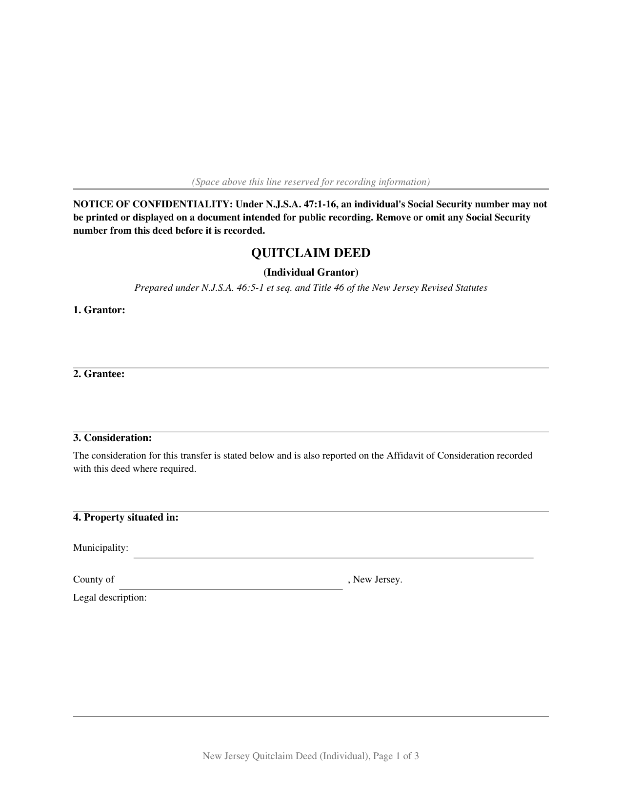 Passaic County Quitclaim Deed (Individual) Form
