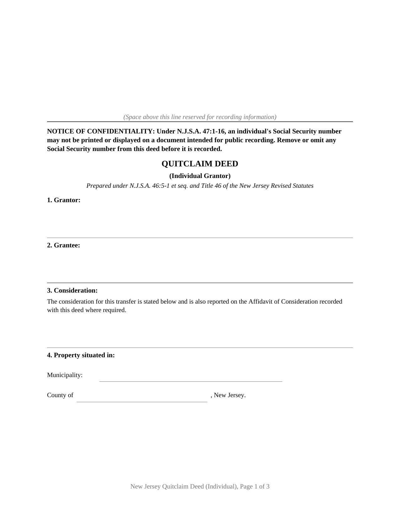 Mercer County Quitclaim Deed (Individual) Form