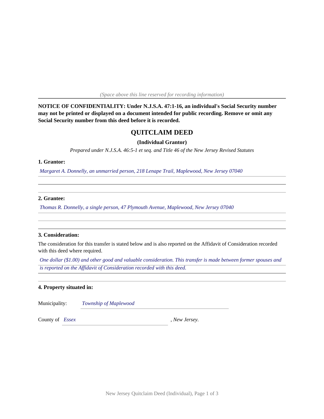 Mercer County Completed Example of the Quitclaim Deed (Individual) Document