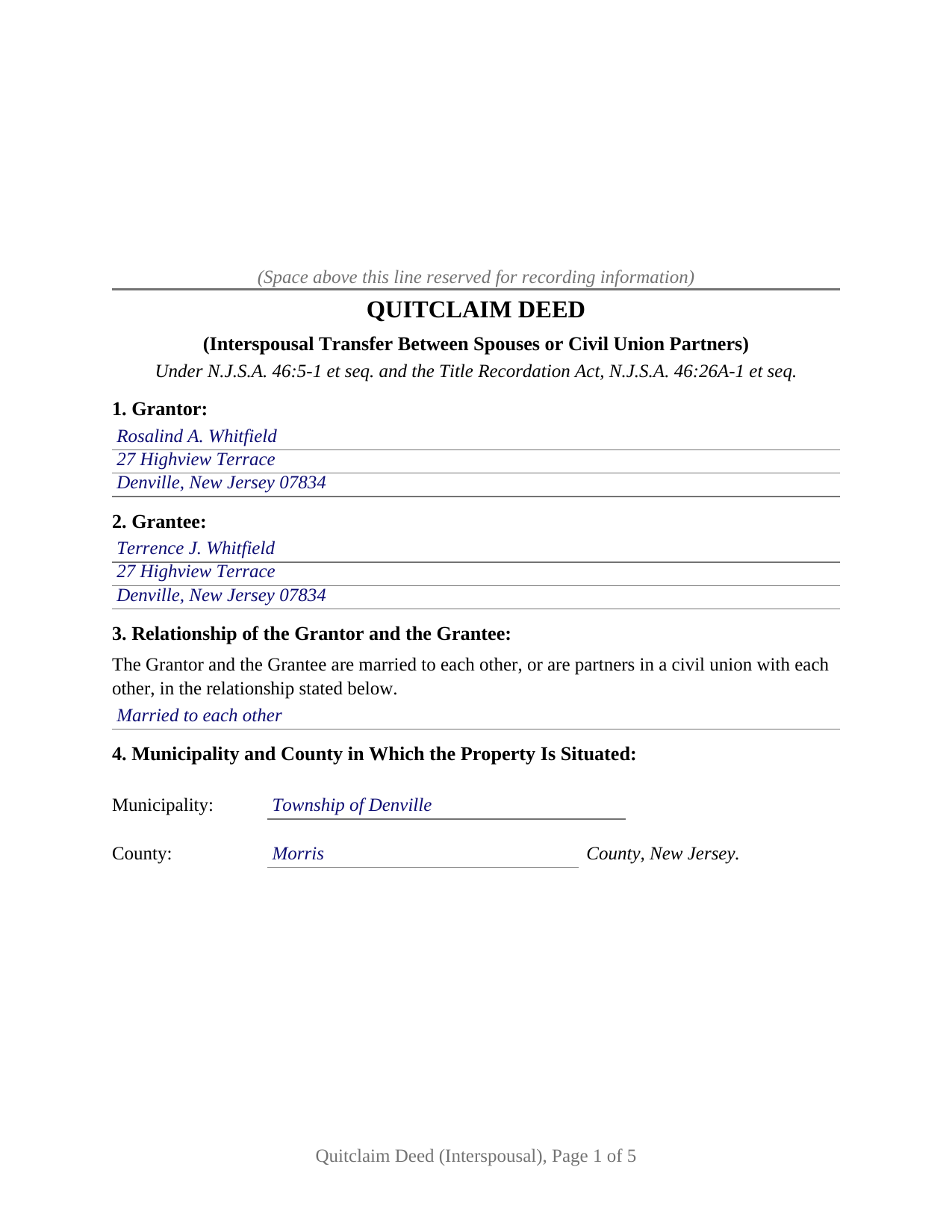 Atlantic County Completed Example of the Quitclaim Deed (Interspousal) Document