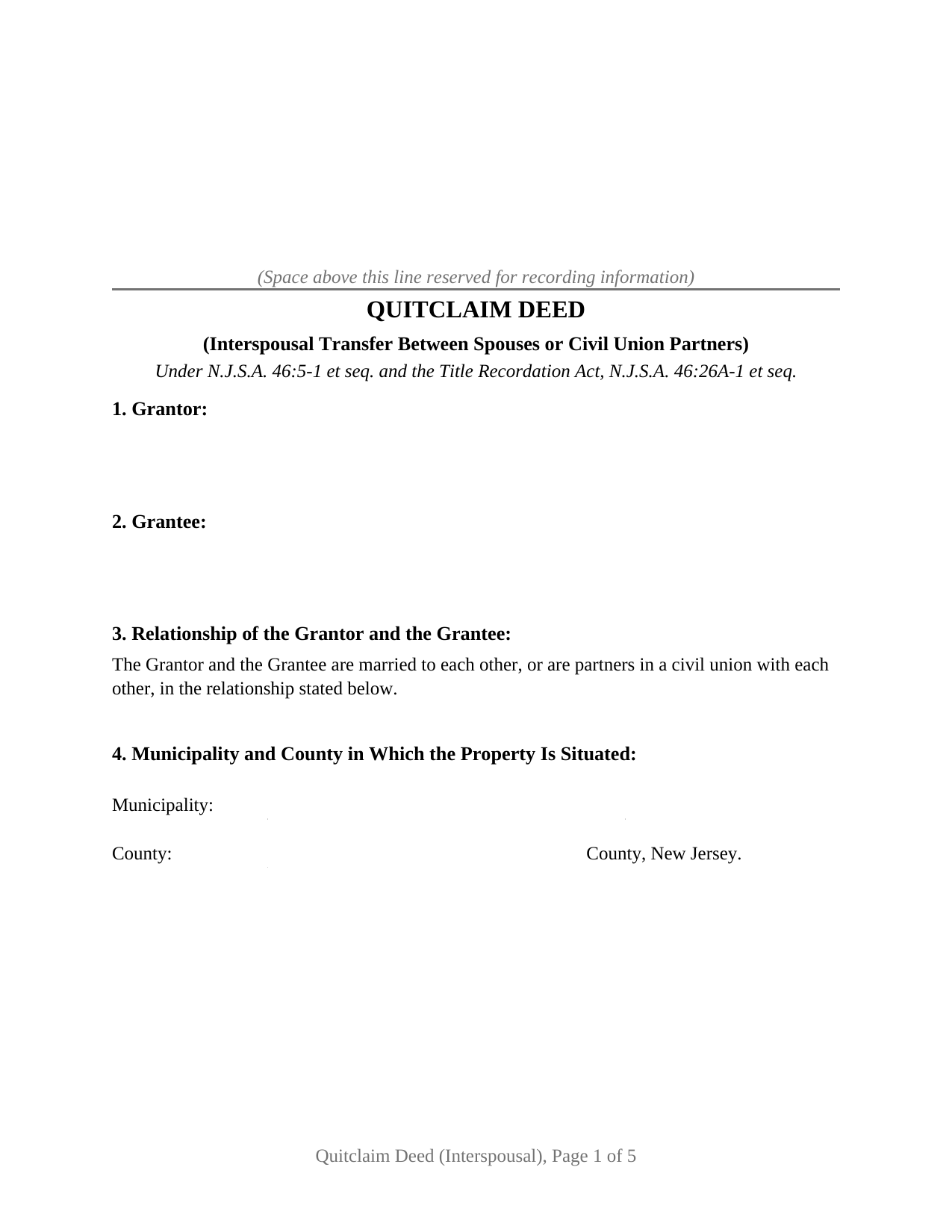 Atlantic County Quitclaim Deed (Interspousal) Form