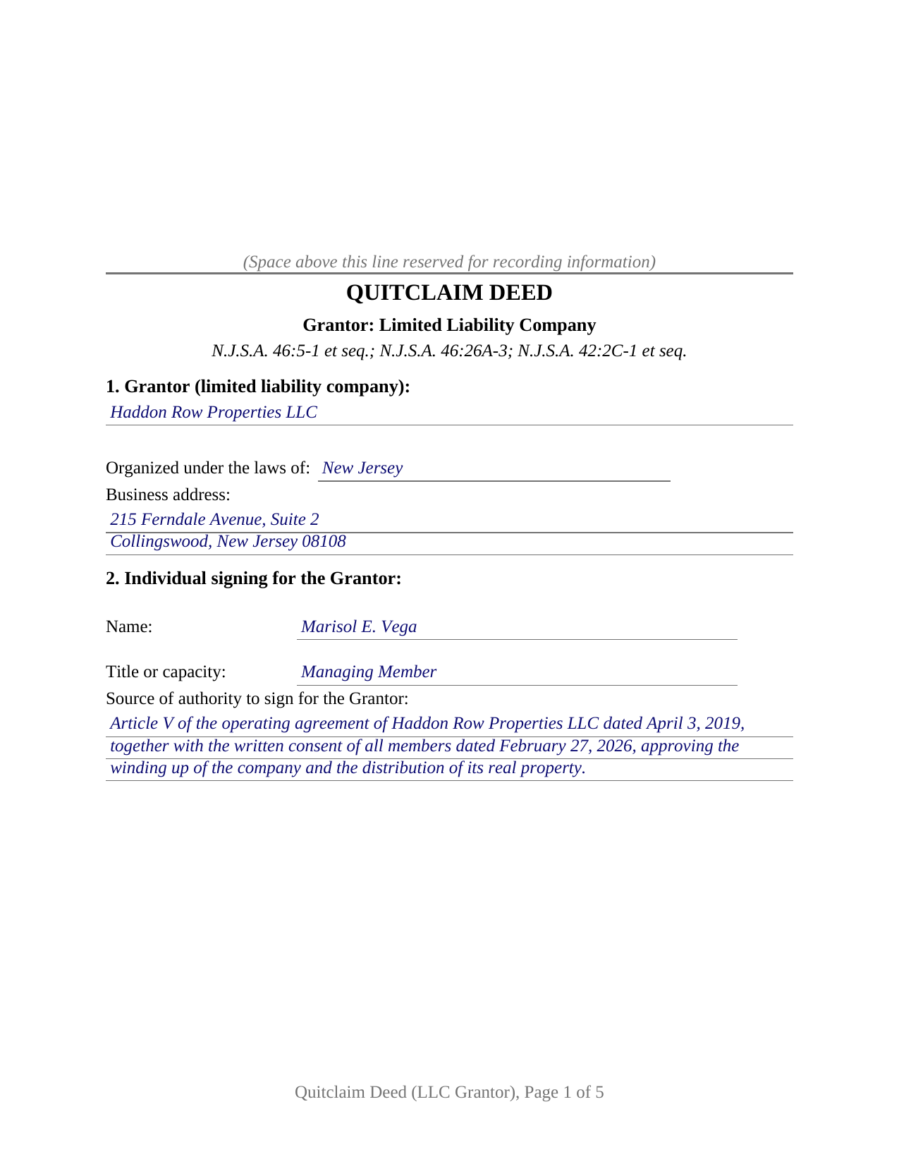 Sussex County Completed Example of the Quitclaim Deed (LLC Grantor) Document