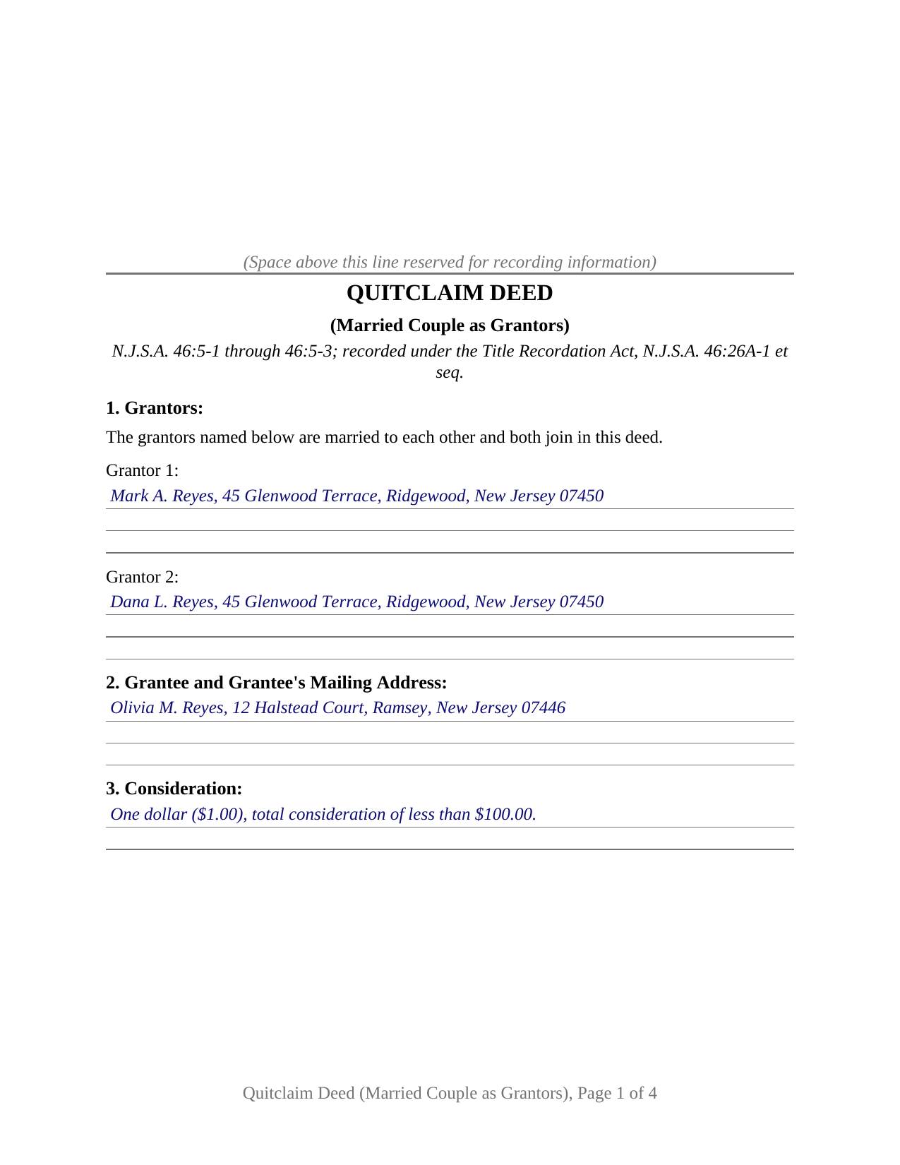 Cape May County Completed Example of the Quitclaim Deed (Married Couple as Grantors) Document