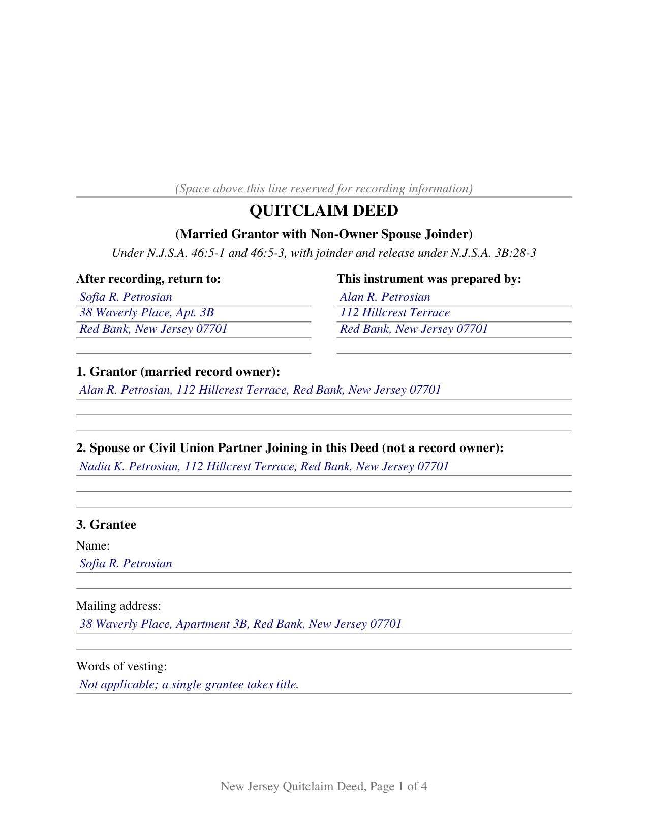 Cape May County Completed Example of the Quitclaim Deed (Married Grantor with Non-Owner Spouse Joinder) Document