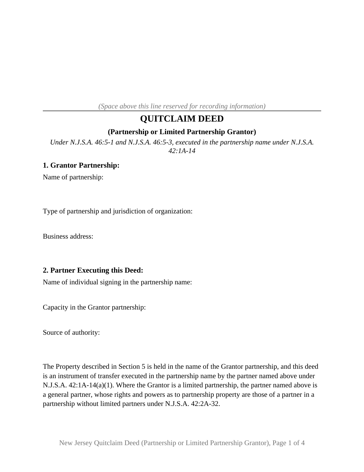 Morris County Quitclaim Deed (Partnership or Limited Partnership Grantor) Form