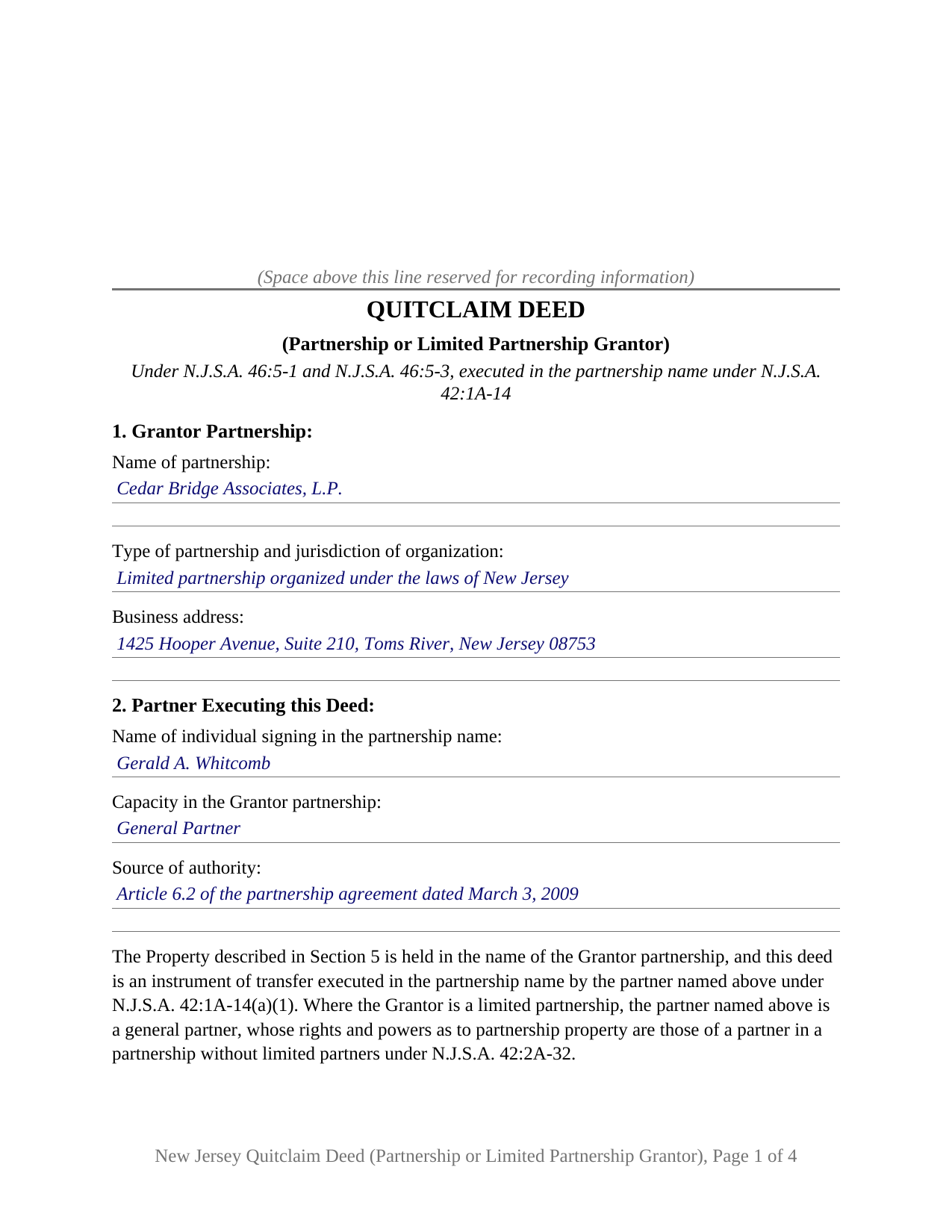 Morris County Completed Example of the Quitclaim Deed (Partnership or Limited Partnership Grantor) Document