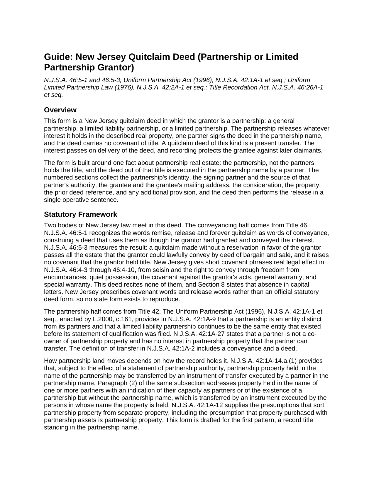 Morris County Quitclaim Deed (Partnership or Limited Partnership Grantor) Guide