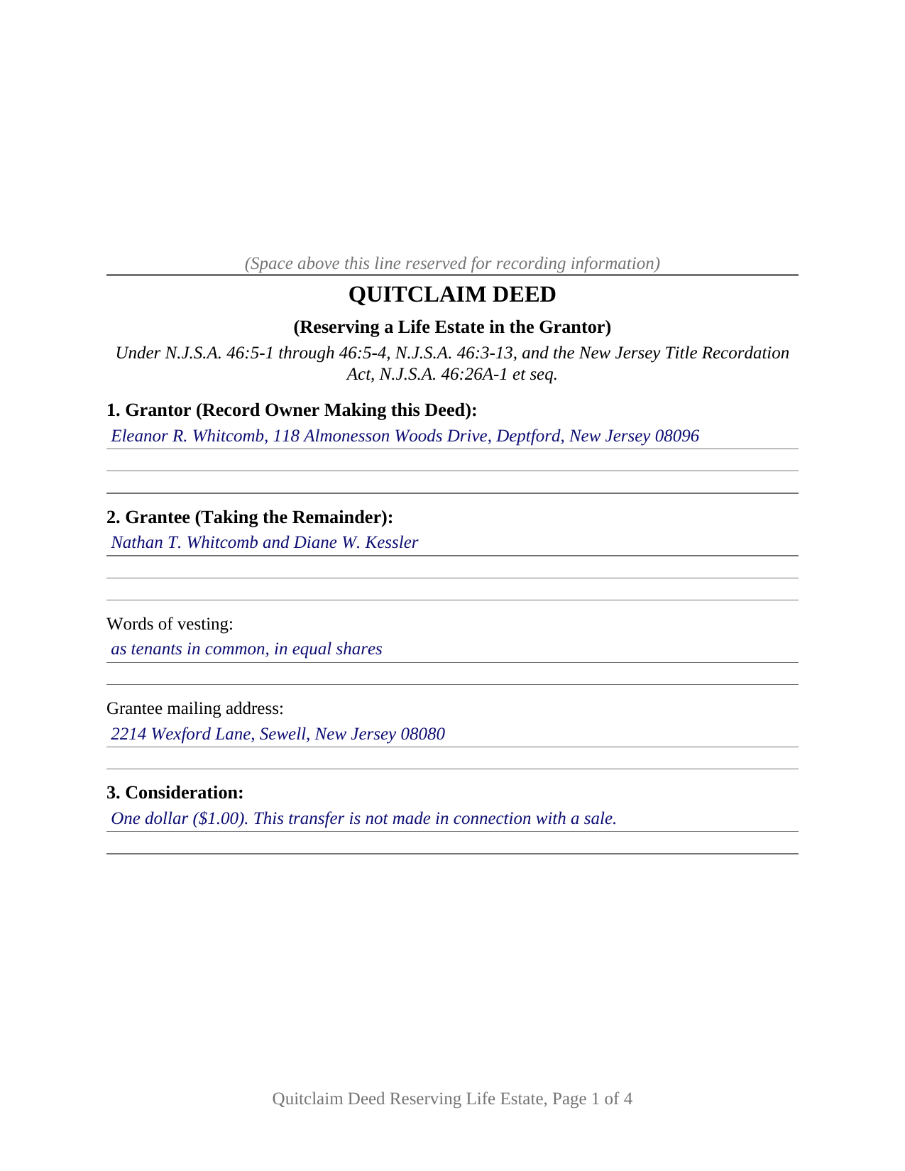 Hunterdon County Completed Example of the Quitclaim Deed (Reserving Life Estate) Document