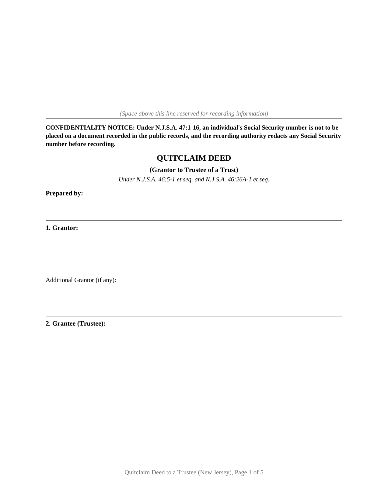 Ocean County Quitclaim Deed to a Trustee Form