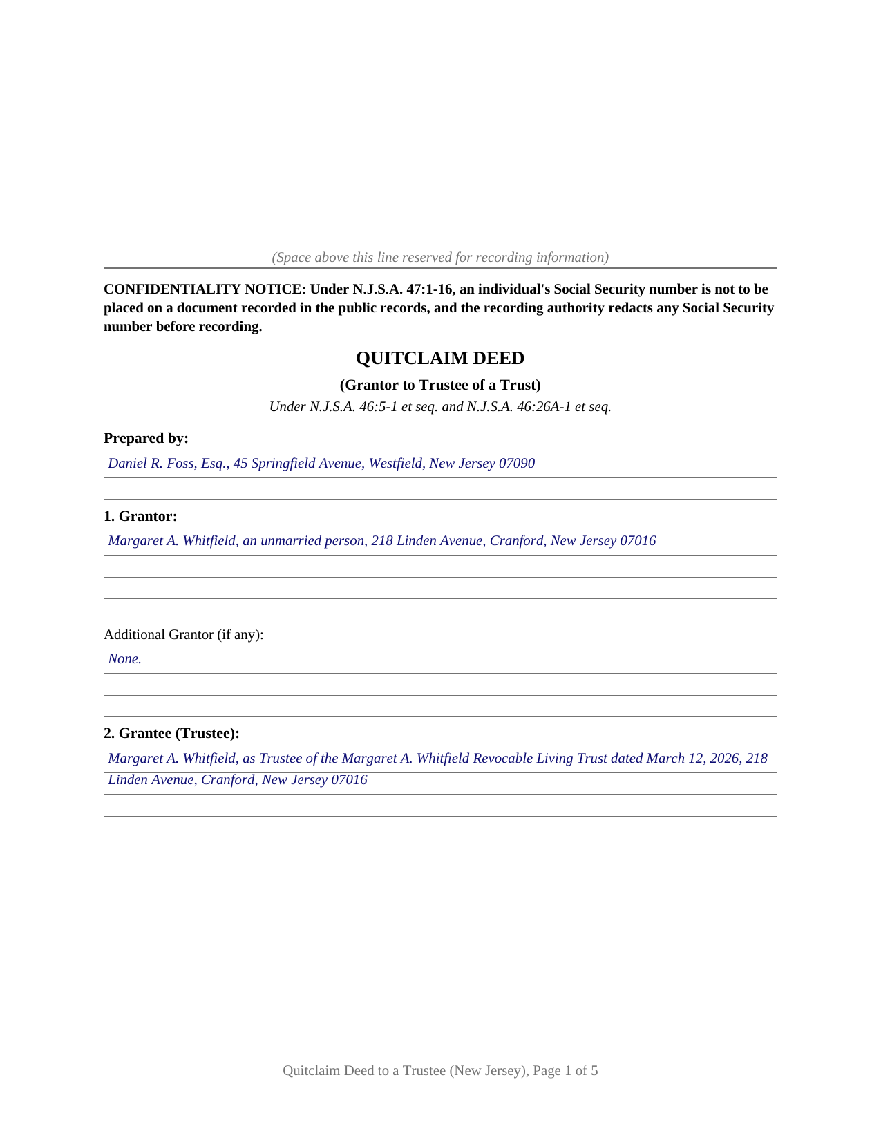 Ocean County Completed Example of the Quitclaim Deed to a Trustee Document