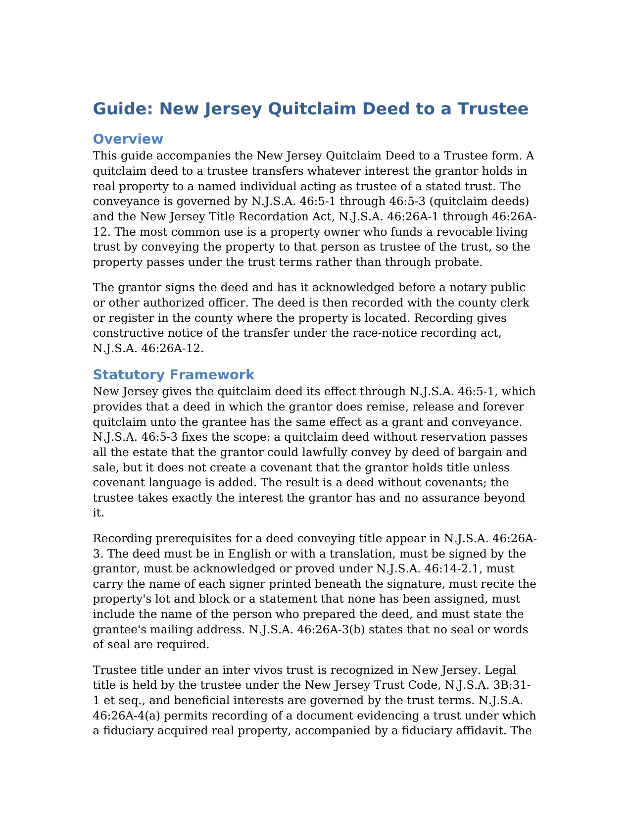Ocean County Quitclaim Deed to a Trustee Guide