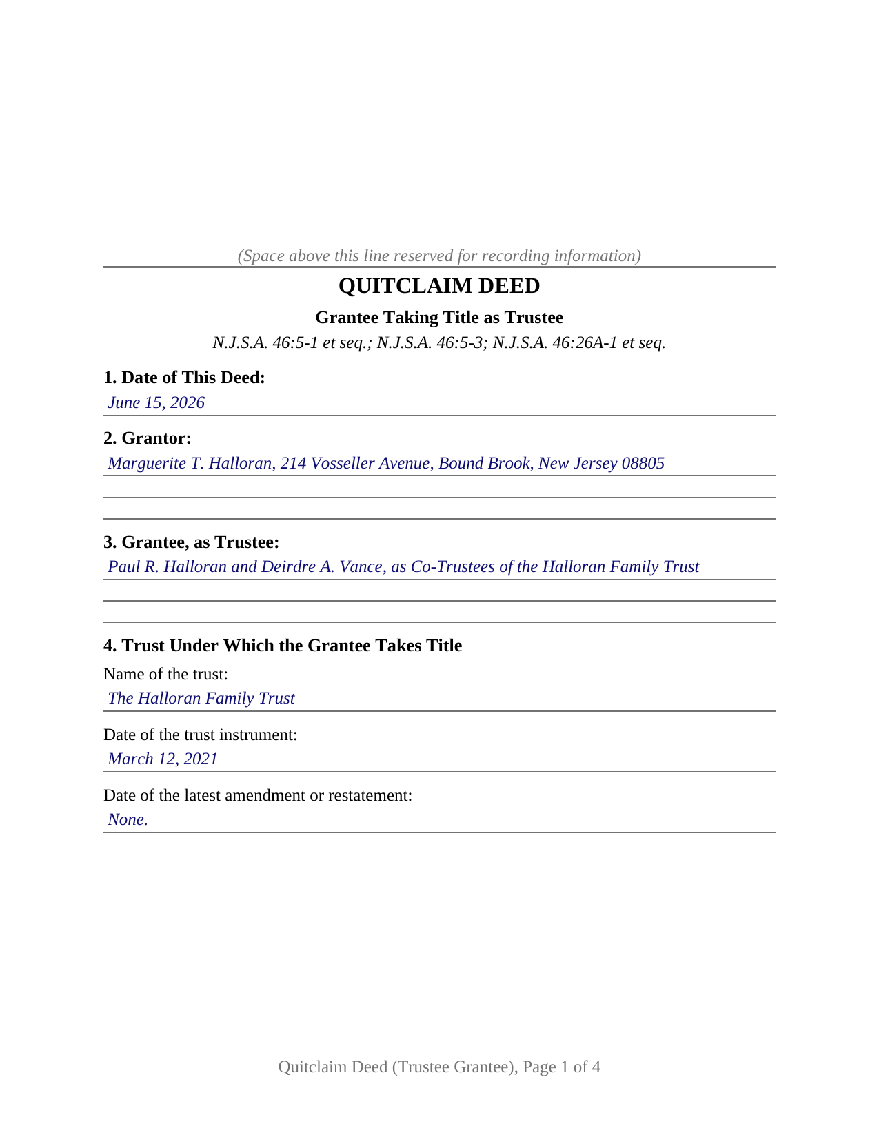 Atlantic County Completed Example of the Quitclaim Deed (Trustee Grantee) Document
