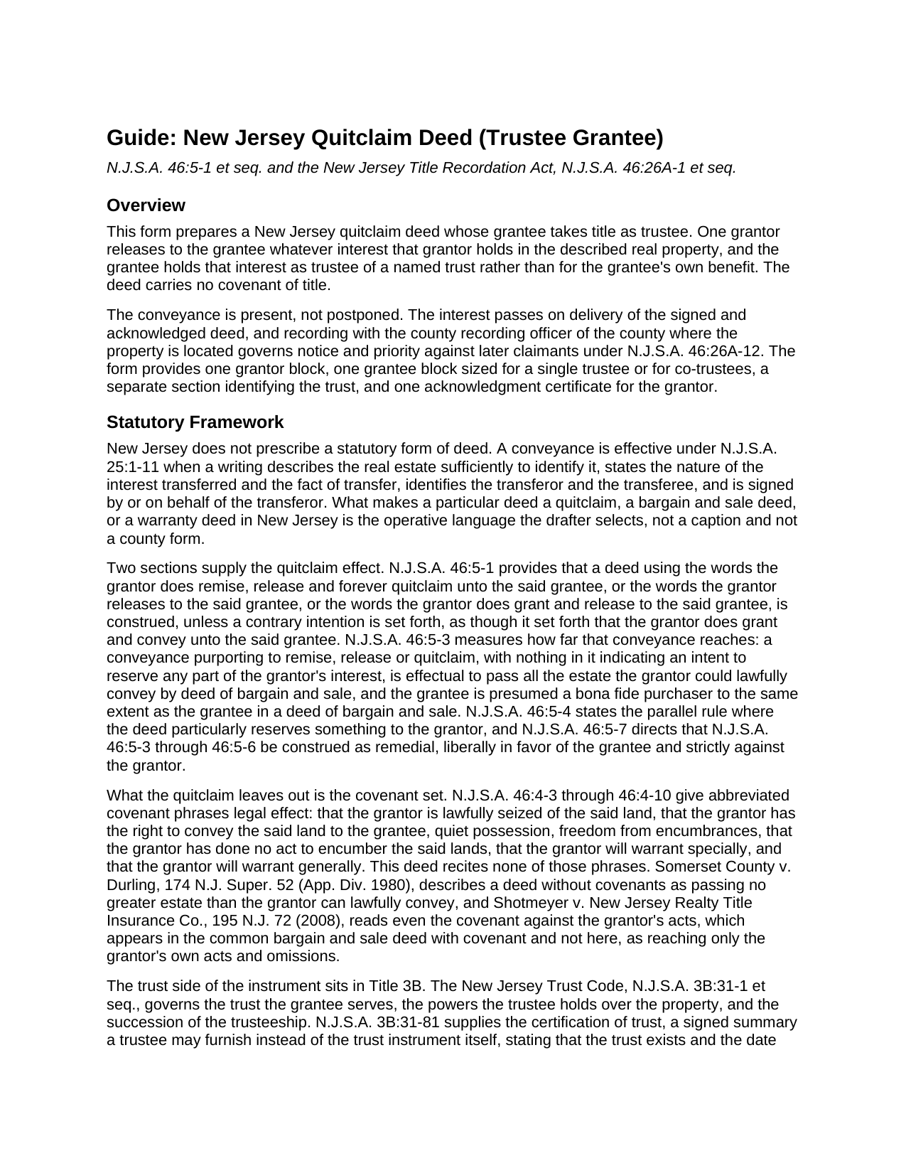 Atlantic County Quitclaim Deed (Trustee Grantee) Guide
