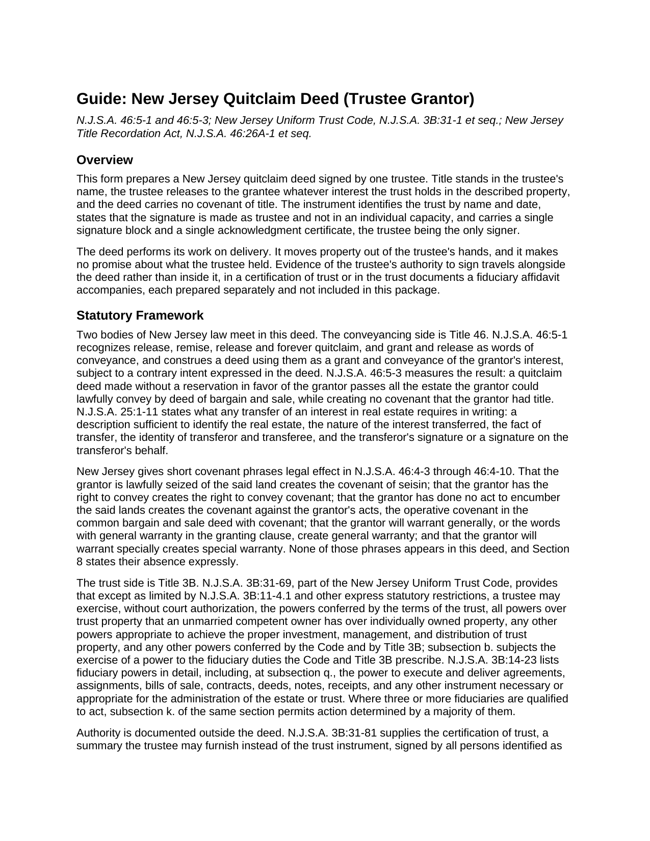 Passaic County Quitclaim Deed (Trustee Grantor) Guide