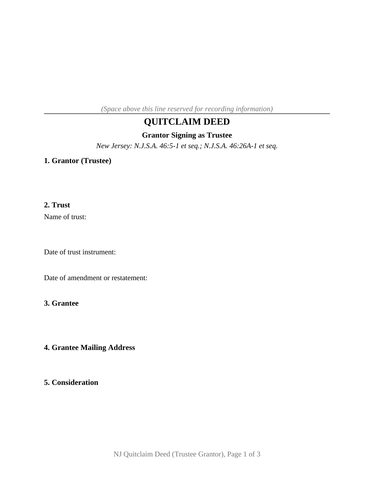 Passaic County Quitclaim Deed (Trustee Grantor) Form