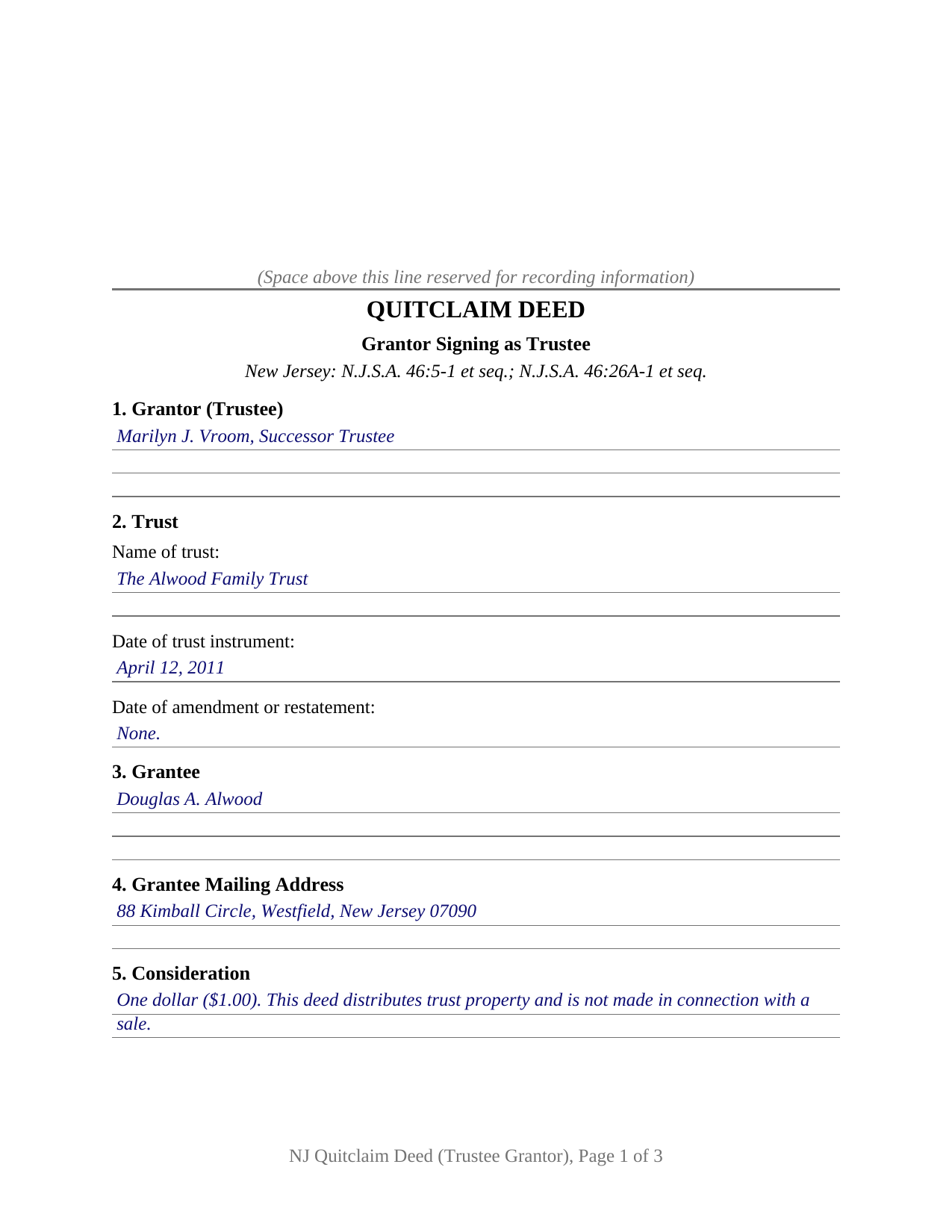 Passaic County Completed Example of the Quitclaim Deed (Trustee Grantor) Document