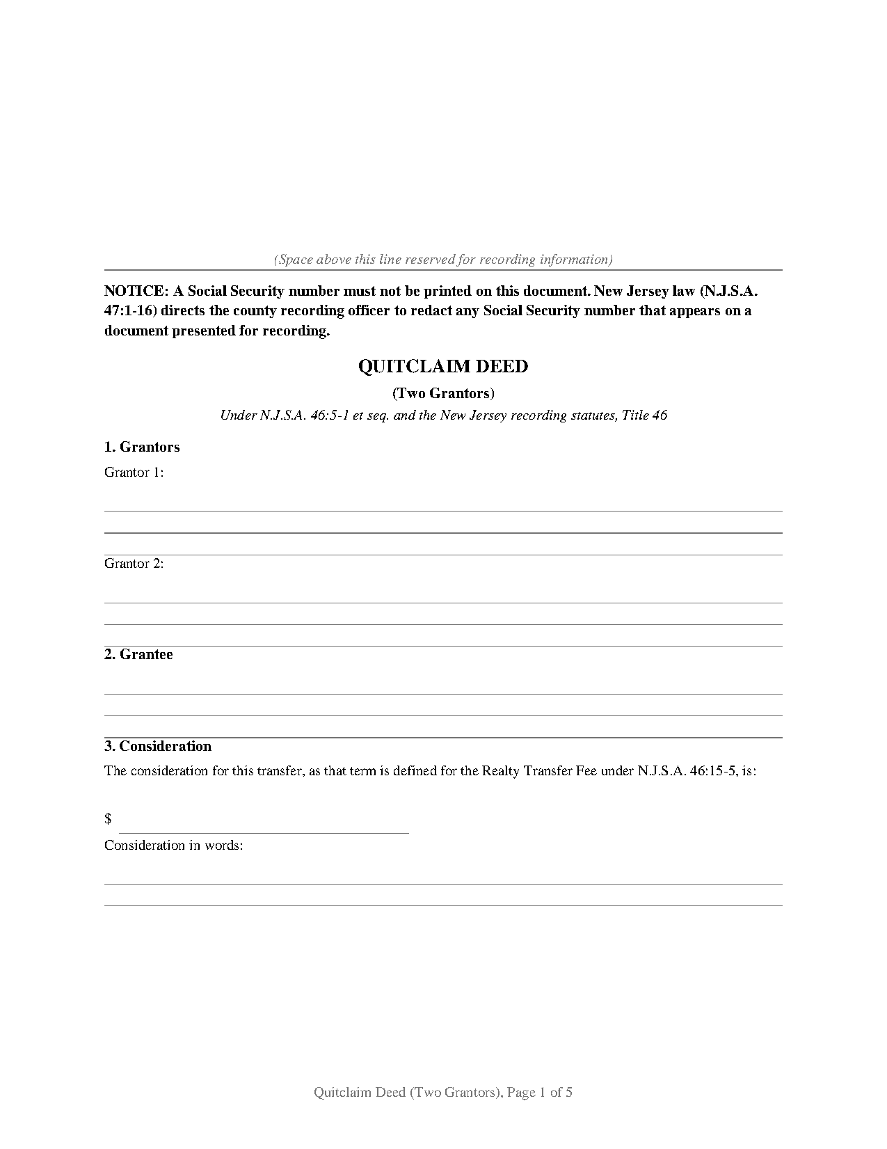Atlantic County Quitclaim Deed (Two Grantors) Form