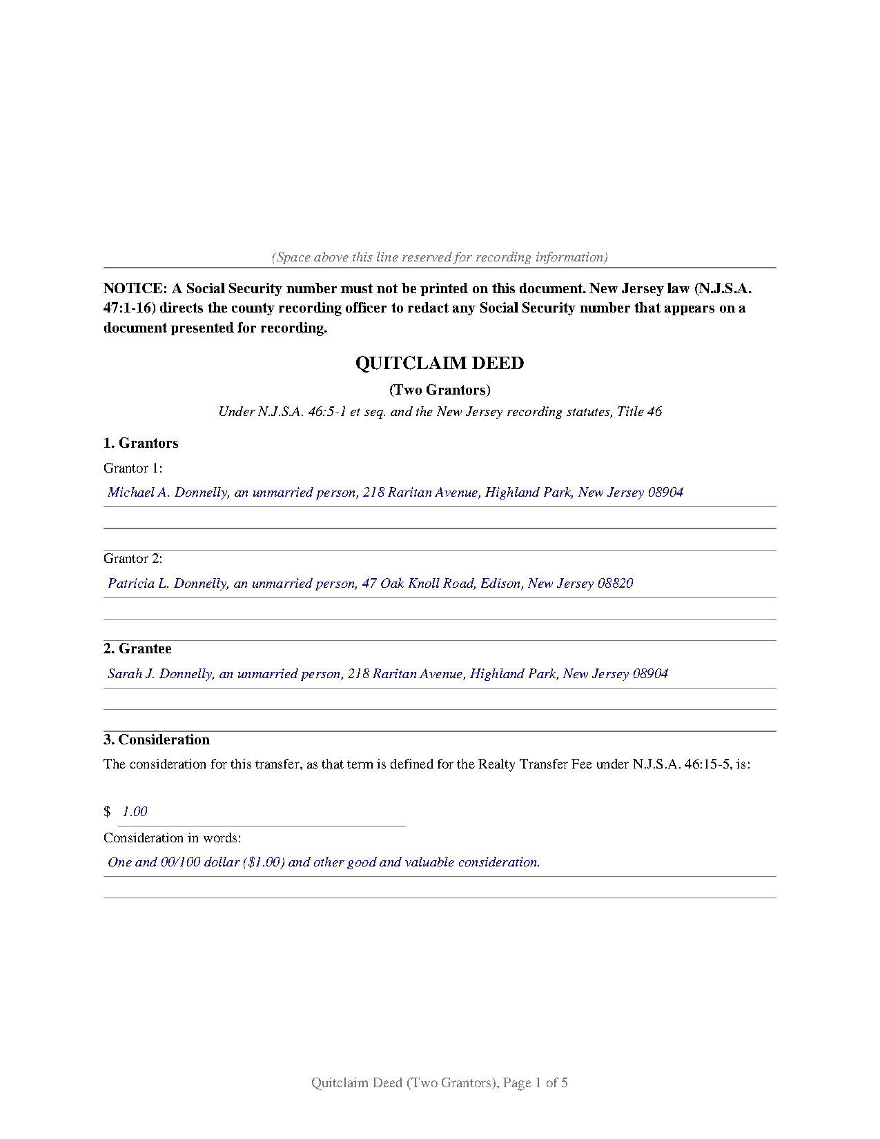 Atlantic County Completed Example of the Quitclaim Deed (Two Grantors) Document