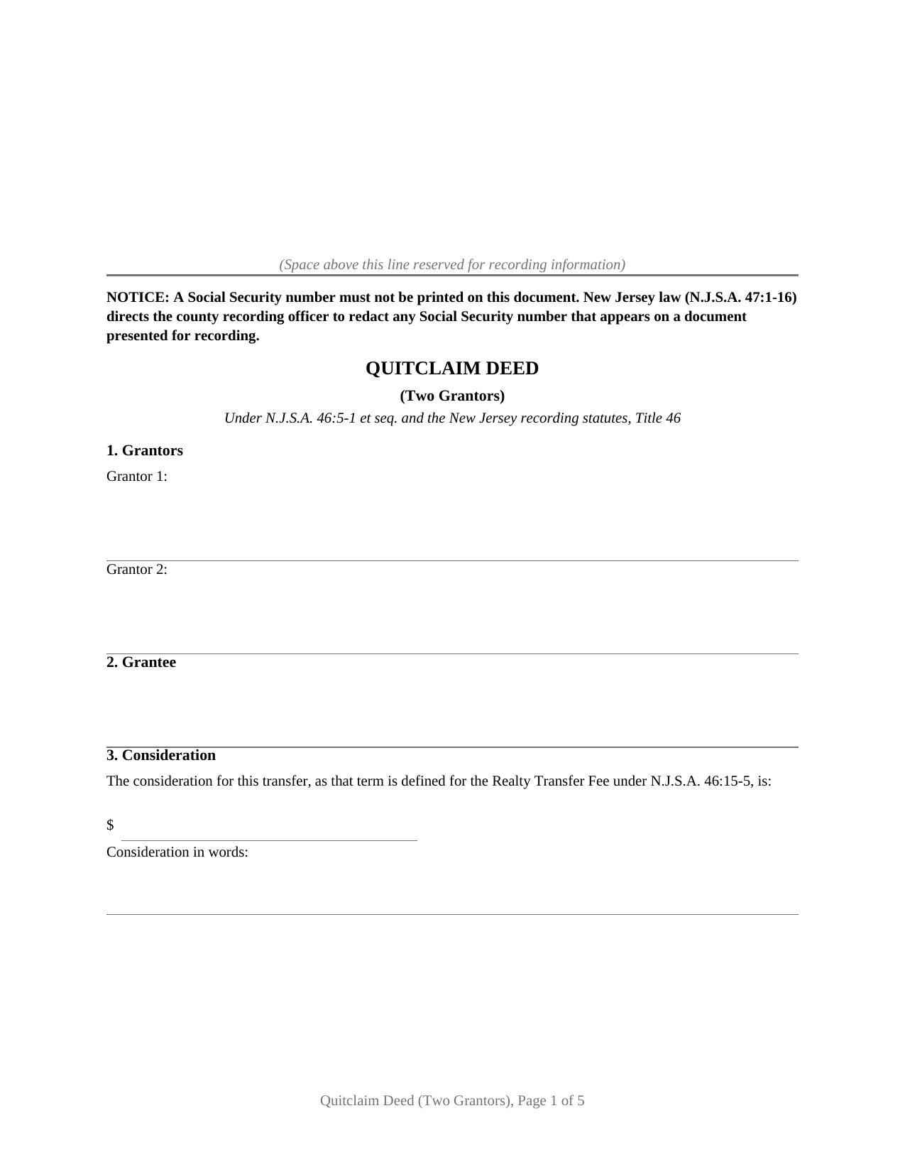Passaic County Quitclaim Deed (Two Grantors) Form