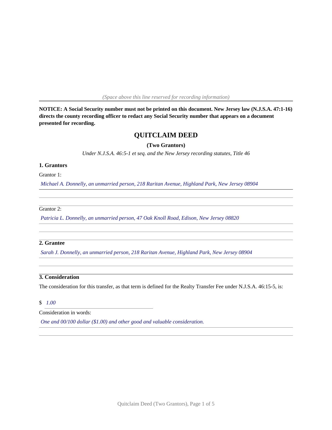 Passaic County Completed Example of the Quitclaim Deed (Two Grantors) Document