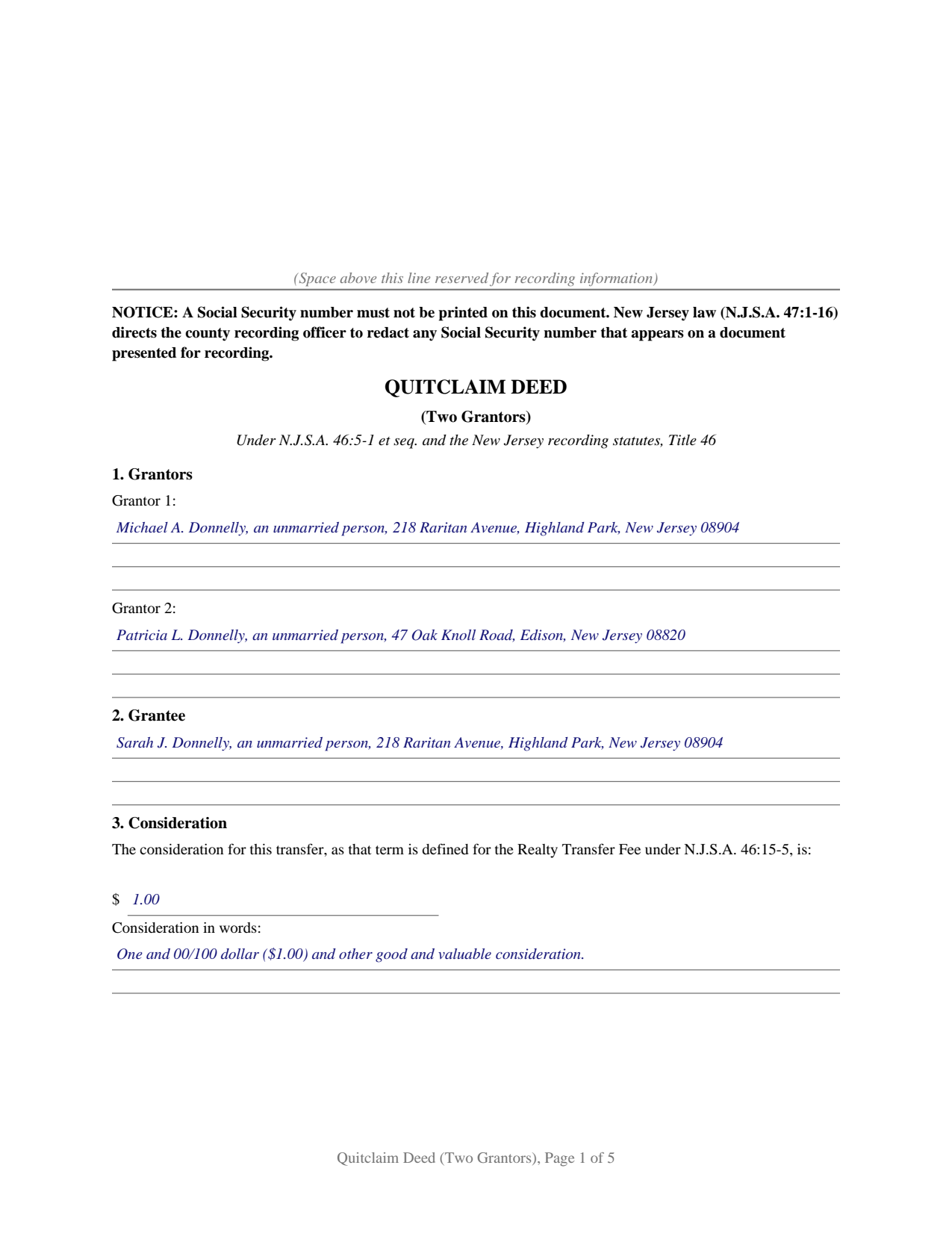 Essex County Completed Example of the Quitclaim Deed (Two Grantors) Document