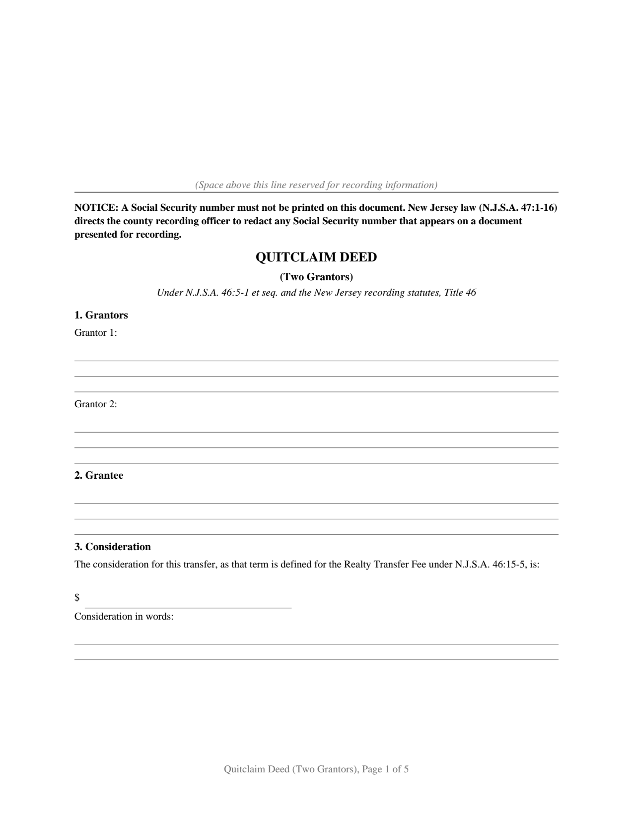 Essex County Quitclaim Deed (Two Grantors) Form