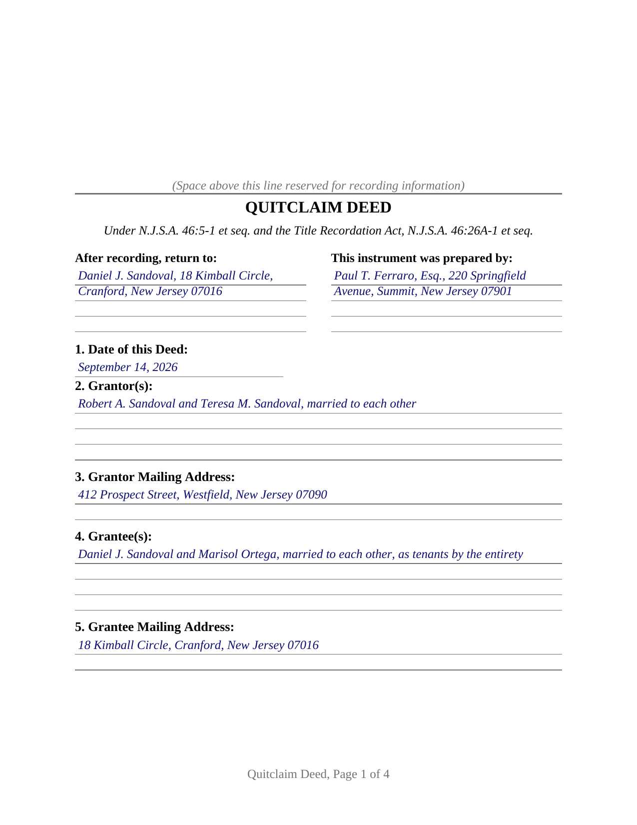 Middlesex County Completed Example of the Quitclaim Deed Document