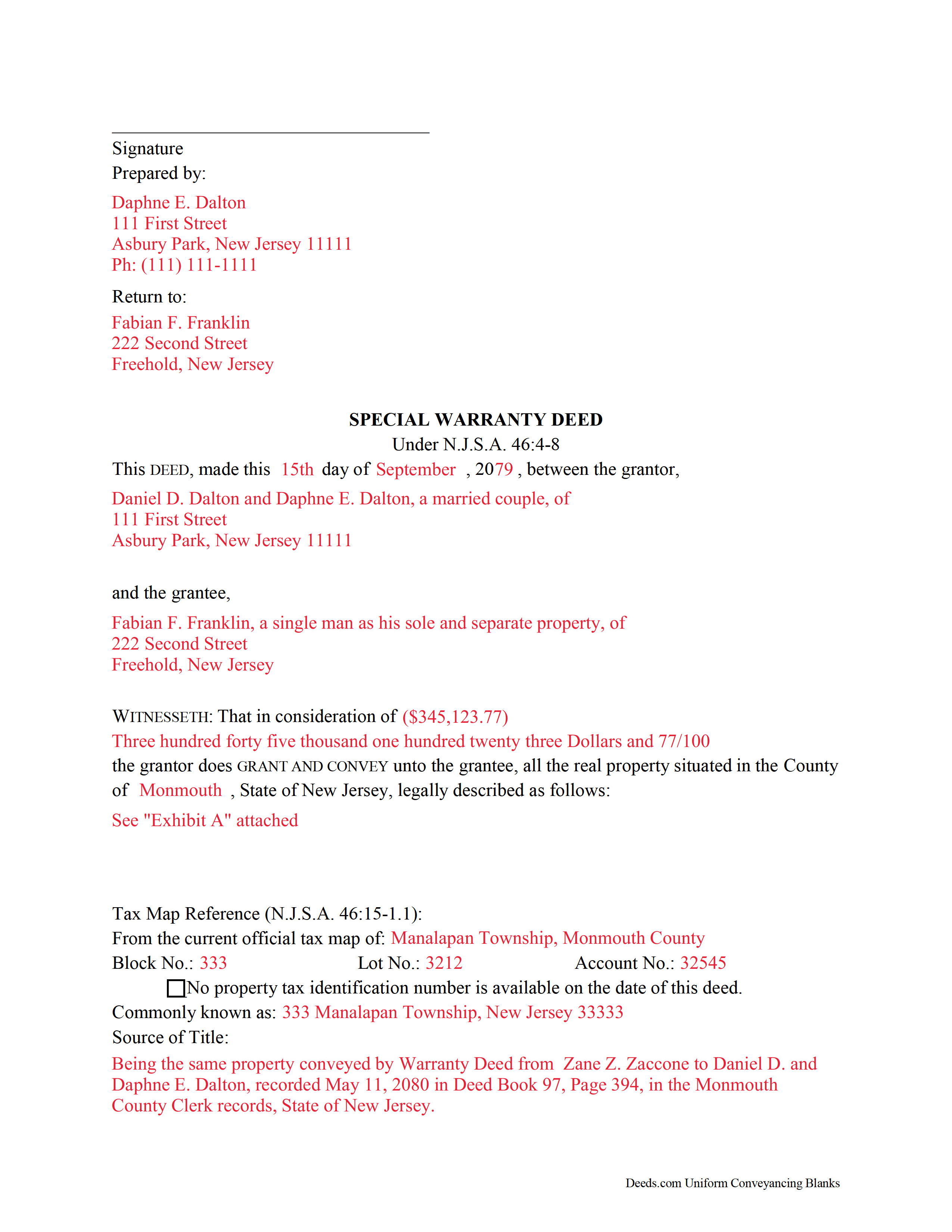 Cumberland County Completed Example of the Special Warranty Deed Document