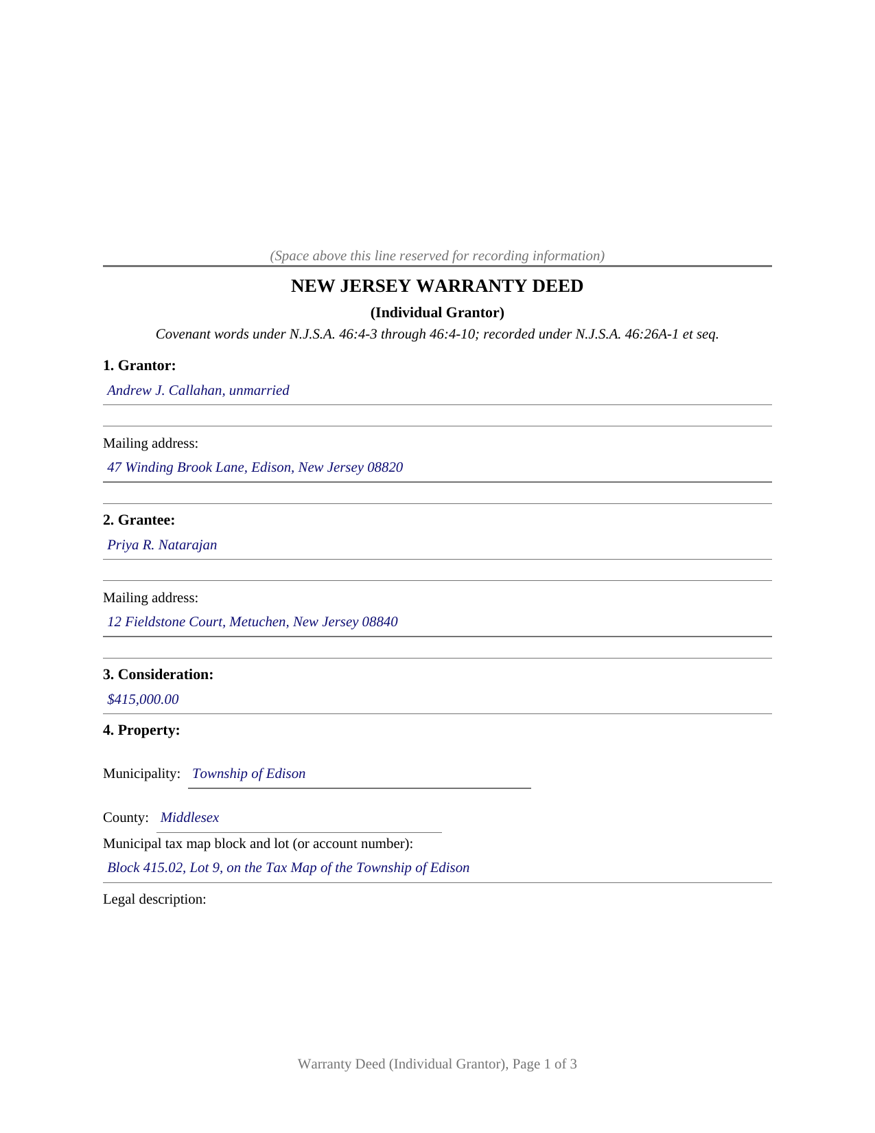 Ocean County Completed Example of the Warranty Deed (Individual Grantor) Document