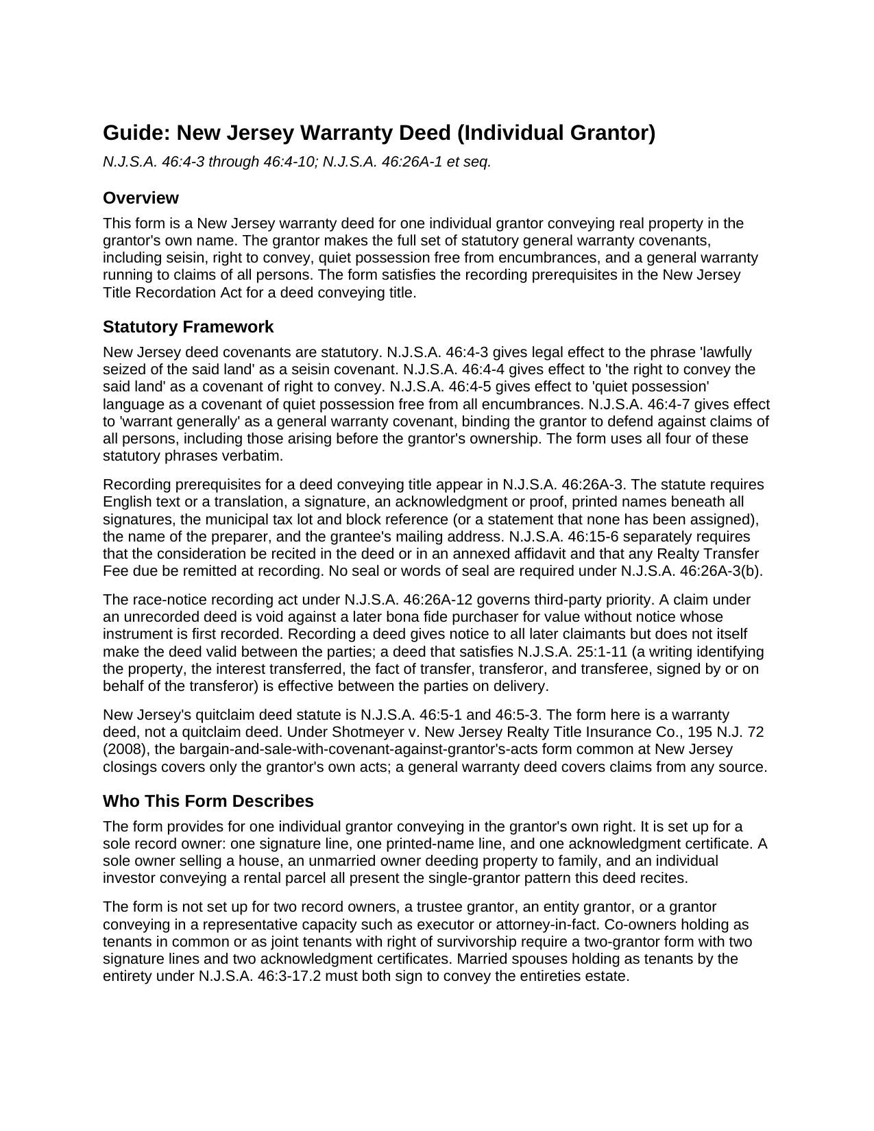 Ocean County Warranty Deed (Individual Grantor) Guide