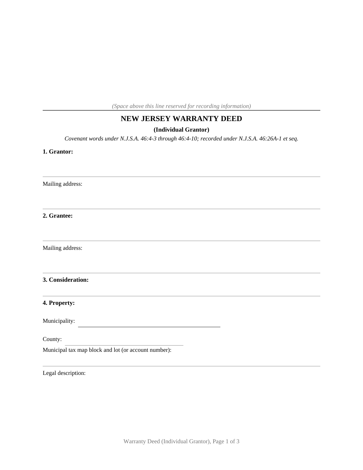 Ocean County Warranty Deed (Individual Grantor) Form
