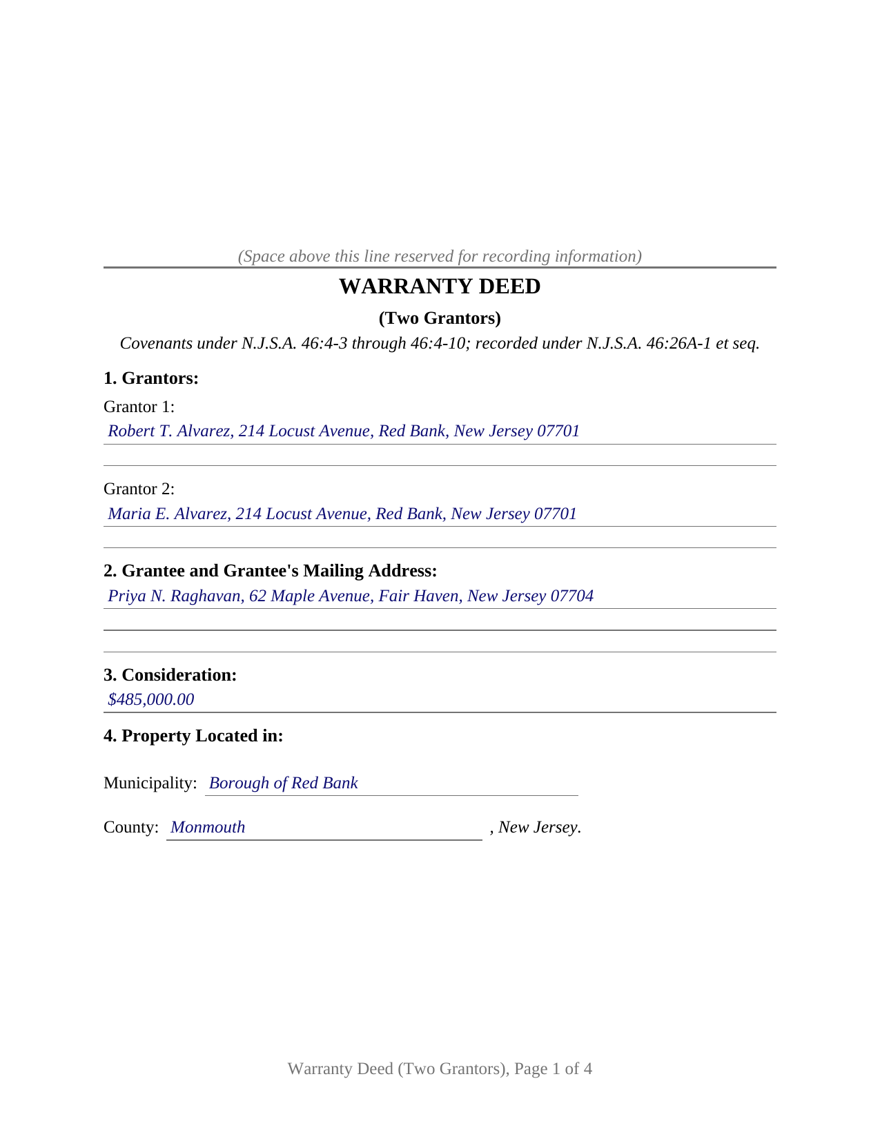 Salem County Completed Example of the Warranty Deed (Two Grantors) Document