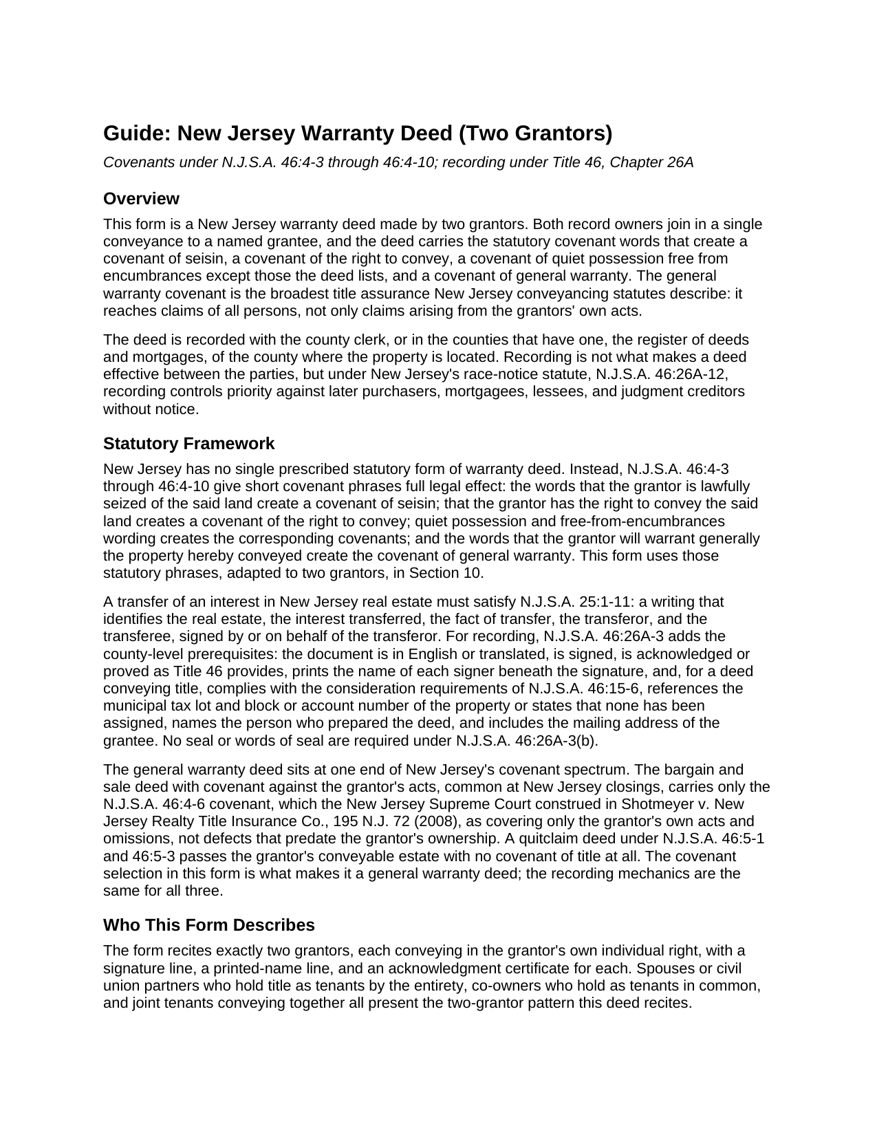 Salem County Warranty Deed (Two Grantors) Guide