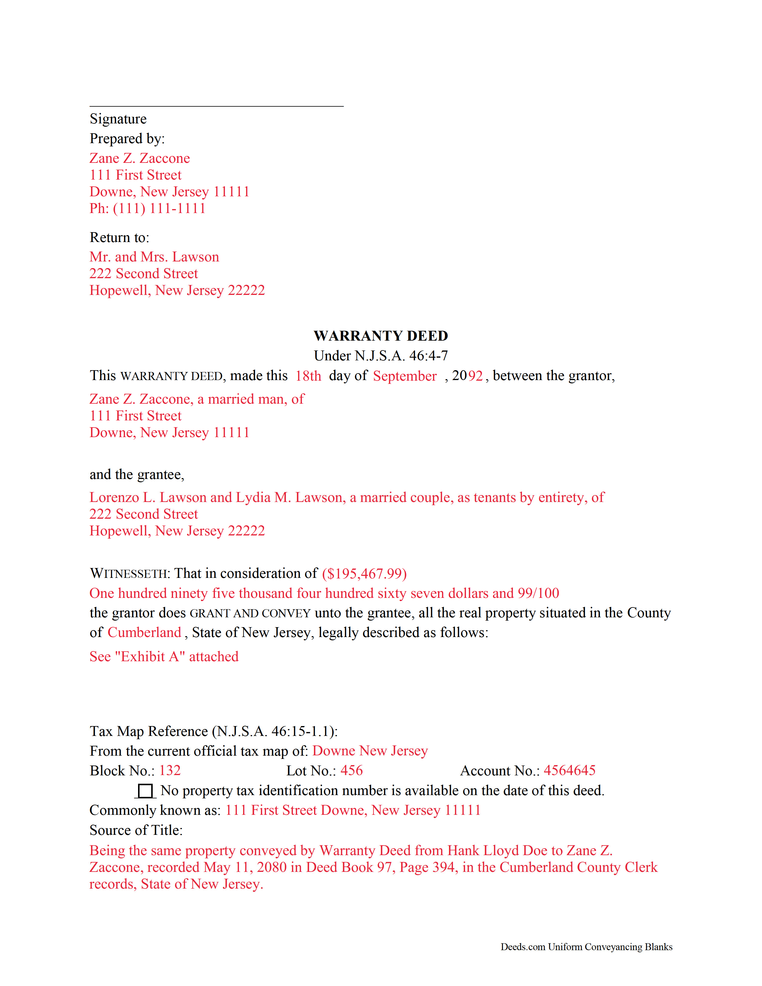 Cumberland County Completed Example of the Warranty Deed Document