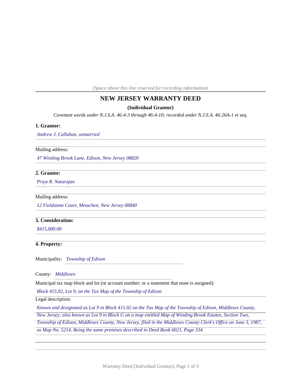 Passaic County Completed Example of the Warranty Deed Document