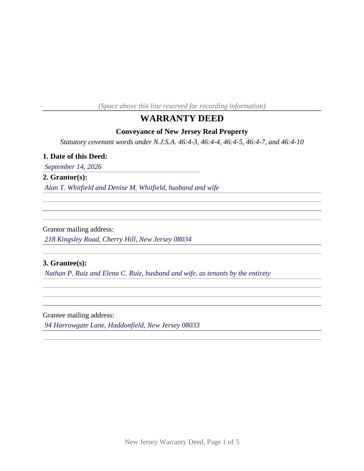 Passaic County Completed Example of the Warranty Deed Document