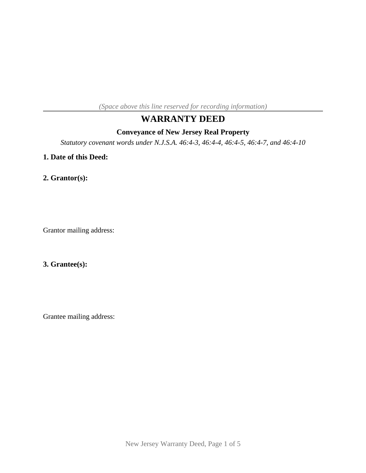 Passaic County Warranty Deed Form