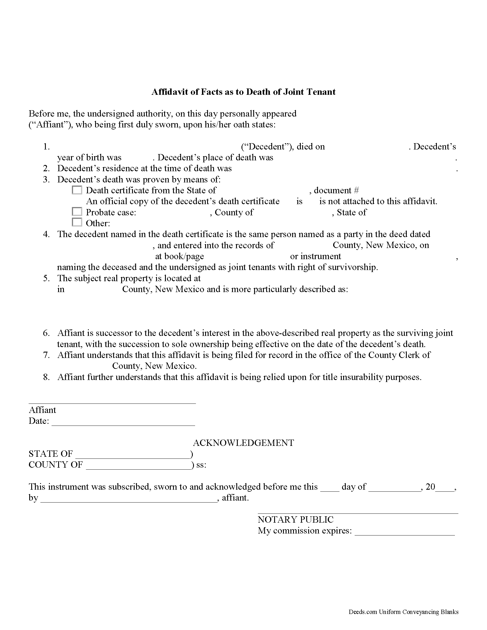 Mckinley County Affidavit of Deceased Joint Tenant Form