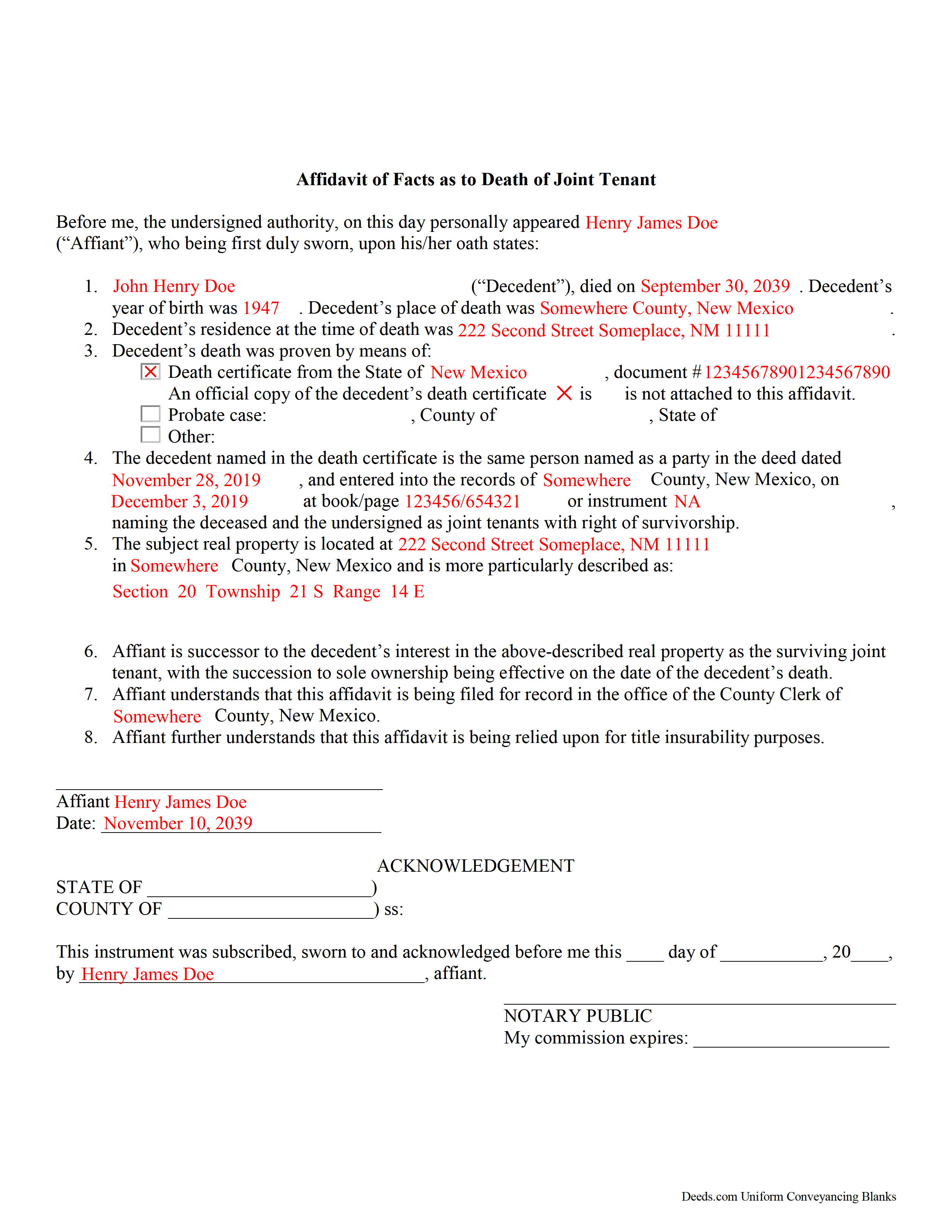 Completed Example of the Affidavit of Deceased Joint Tenant Document