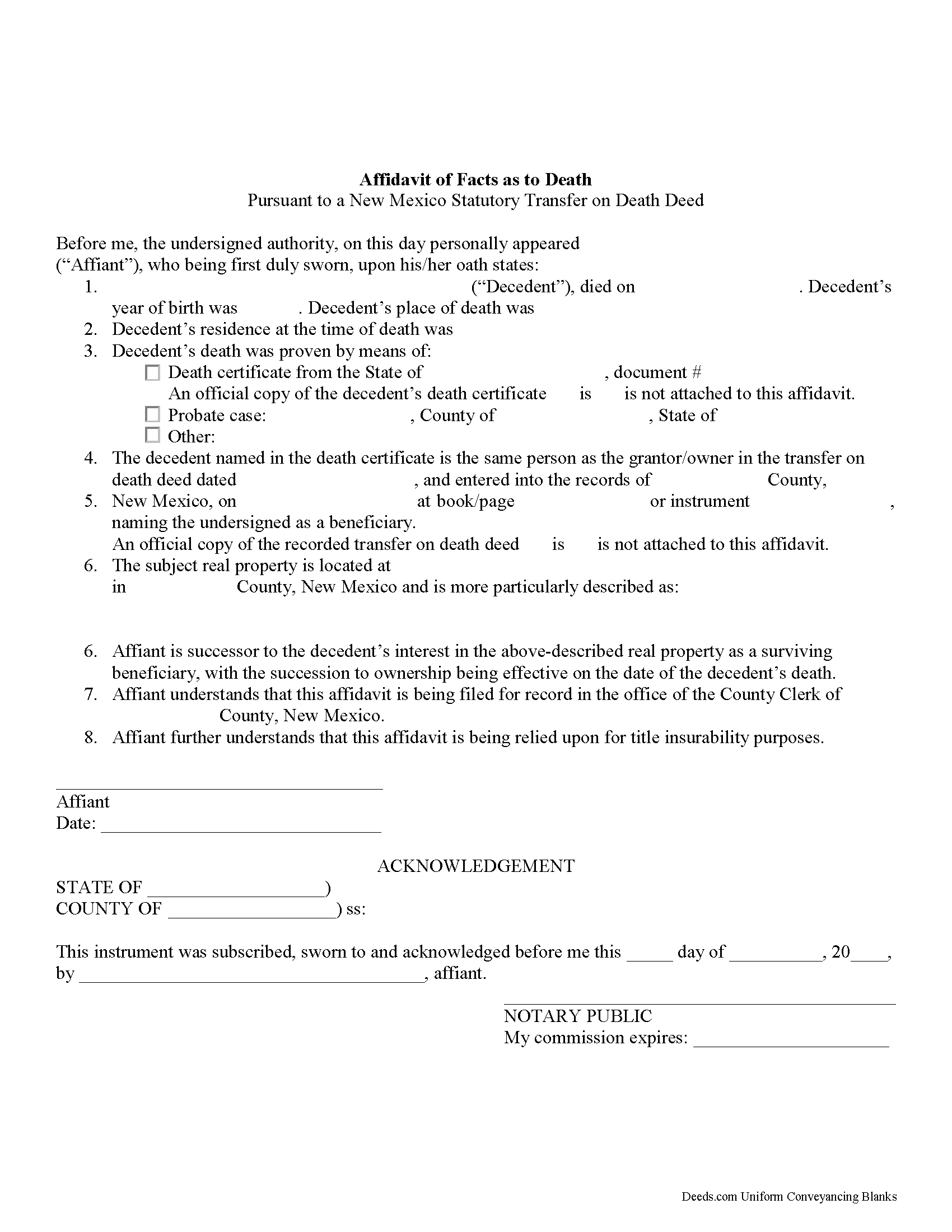 Affidavit of Facts Form