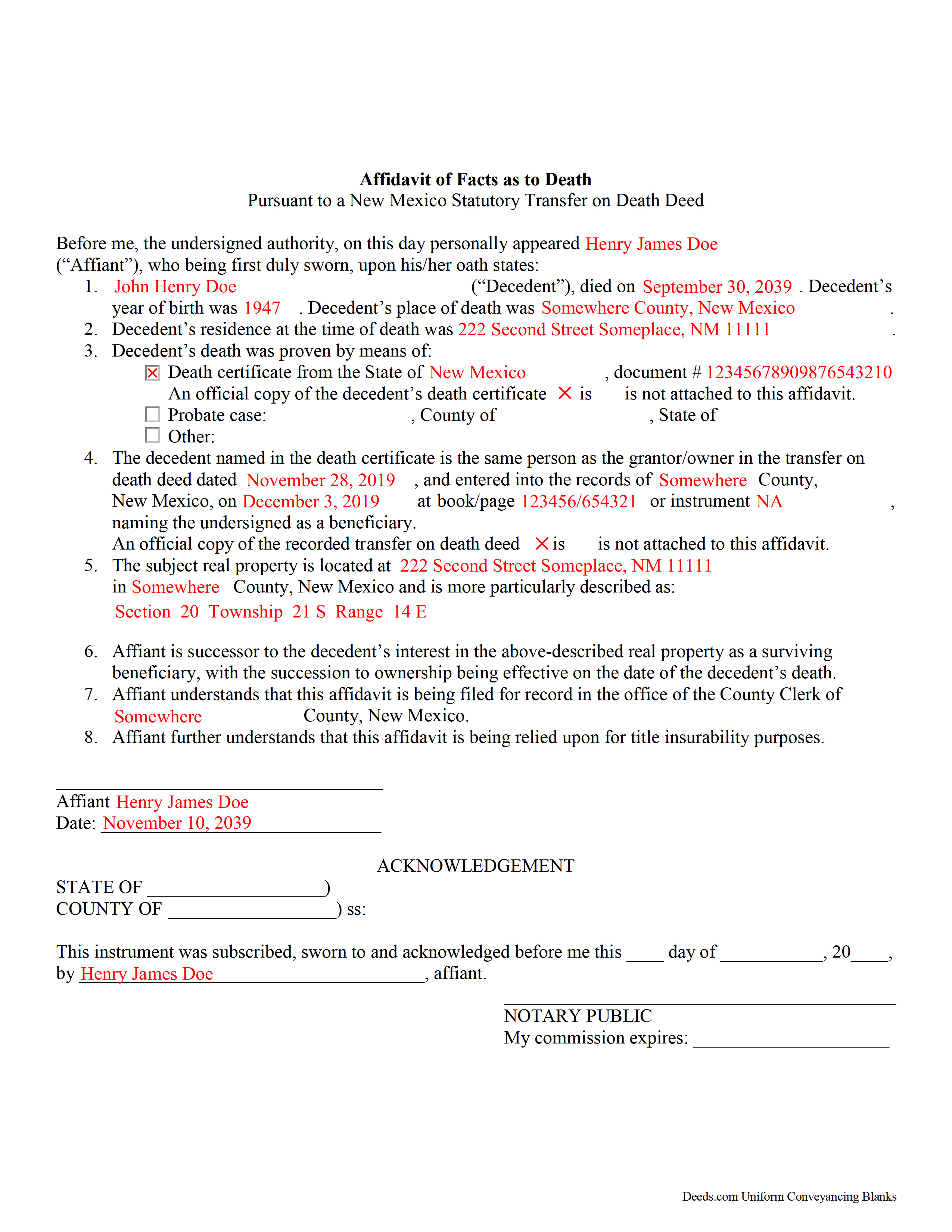 Sierra County Completed Example of the Affidavit of Facts Document