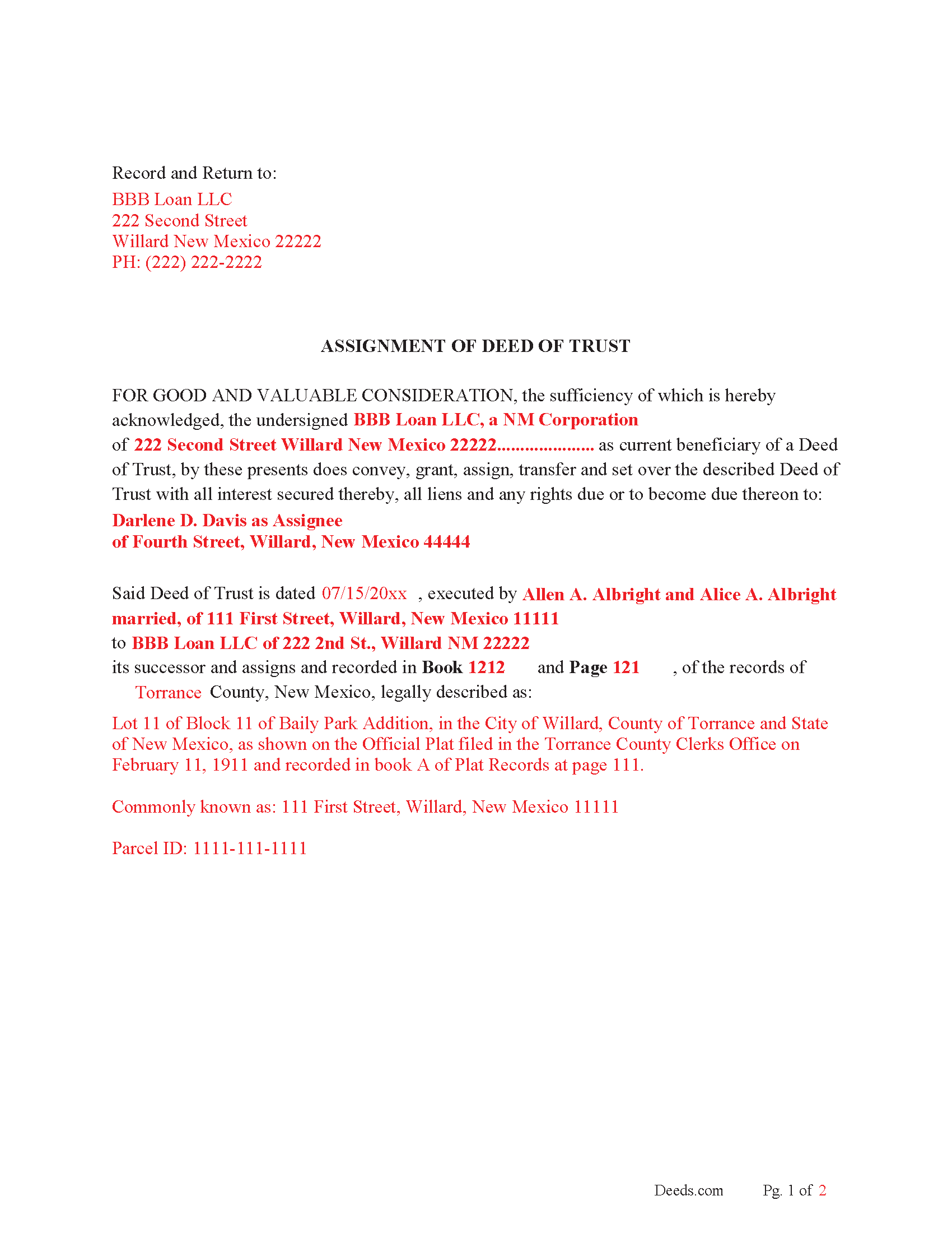 Mckinley County Completed Example of the Assignment of Deed of Trust Document
