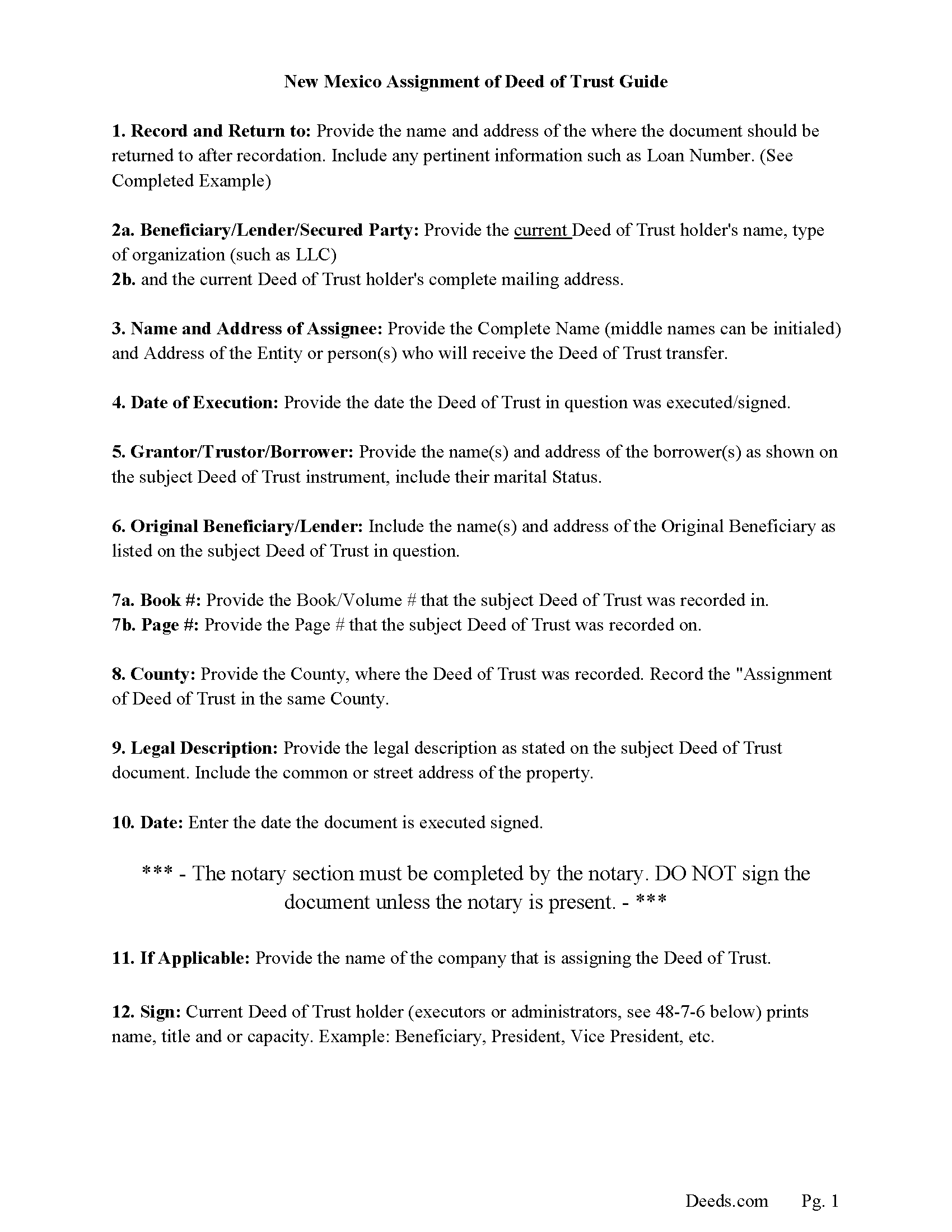 Mckinley County Guidelines for Assignment of Deed of Trust