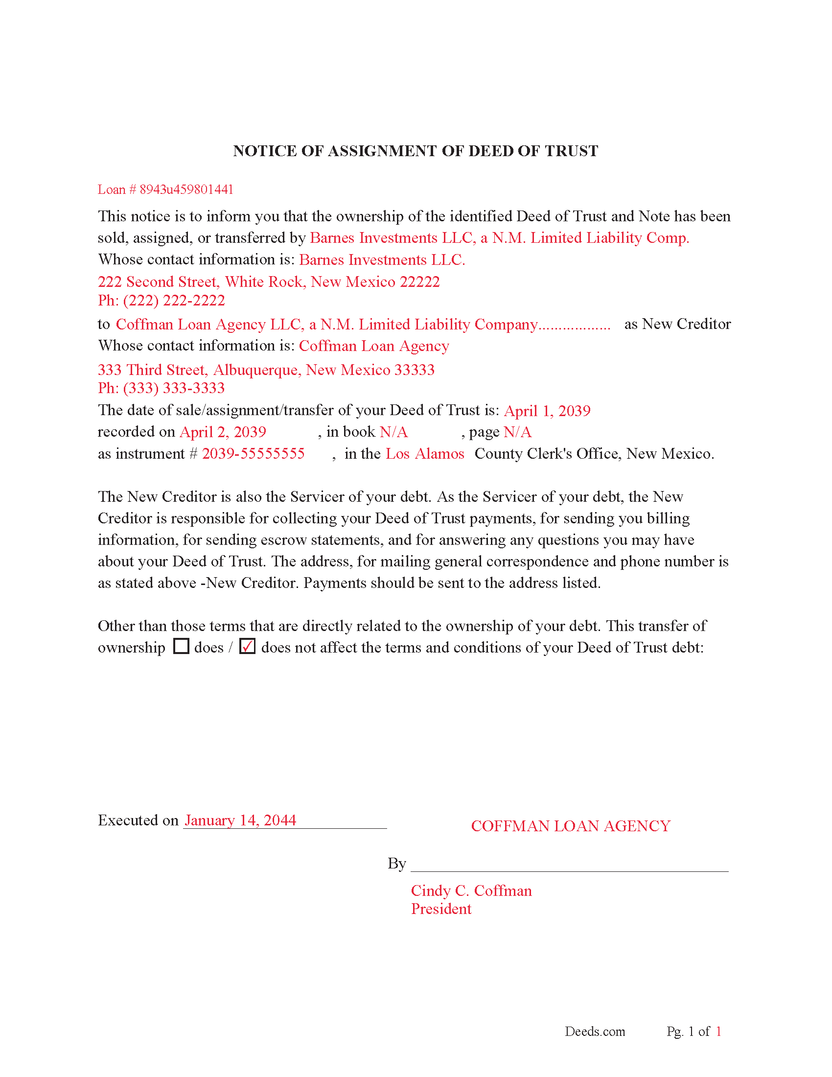 Mckinley County Completed Example of Notice of Assignment Document